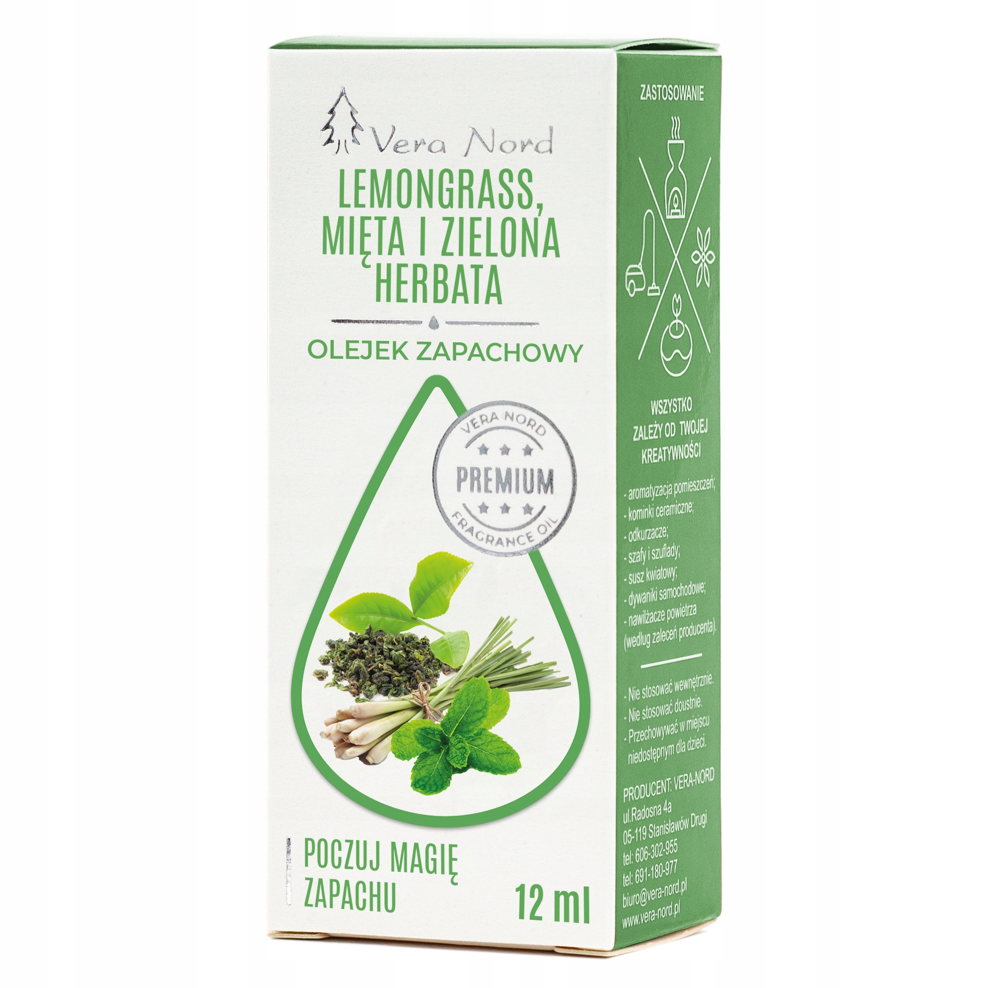 Olejek Zapachowy LEMONGRAS MIĘTA I ZIELONA HERBATA Vera Nord 10 ml