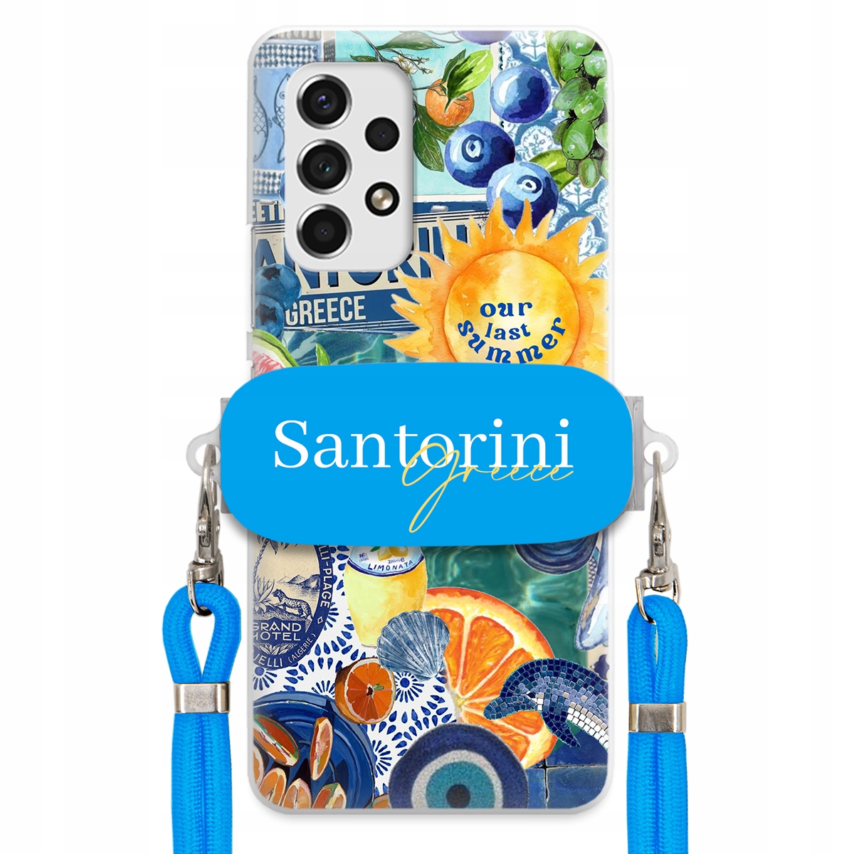 Puzdro pre Samsung A53 5G Modré Crossbody vodítko držiak Santorini Greece