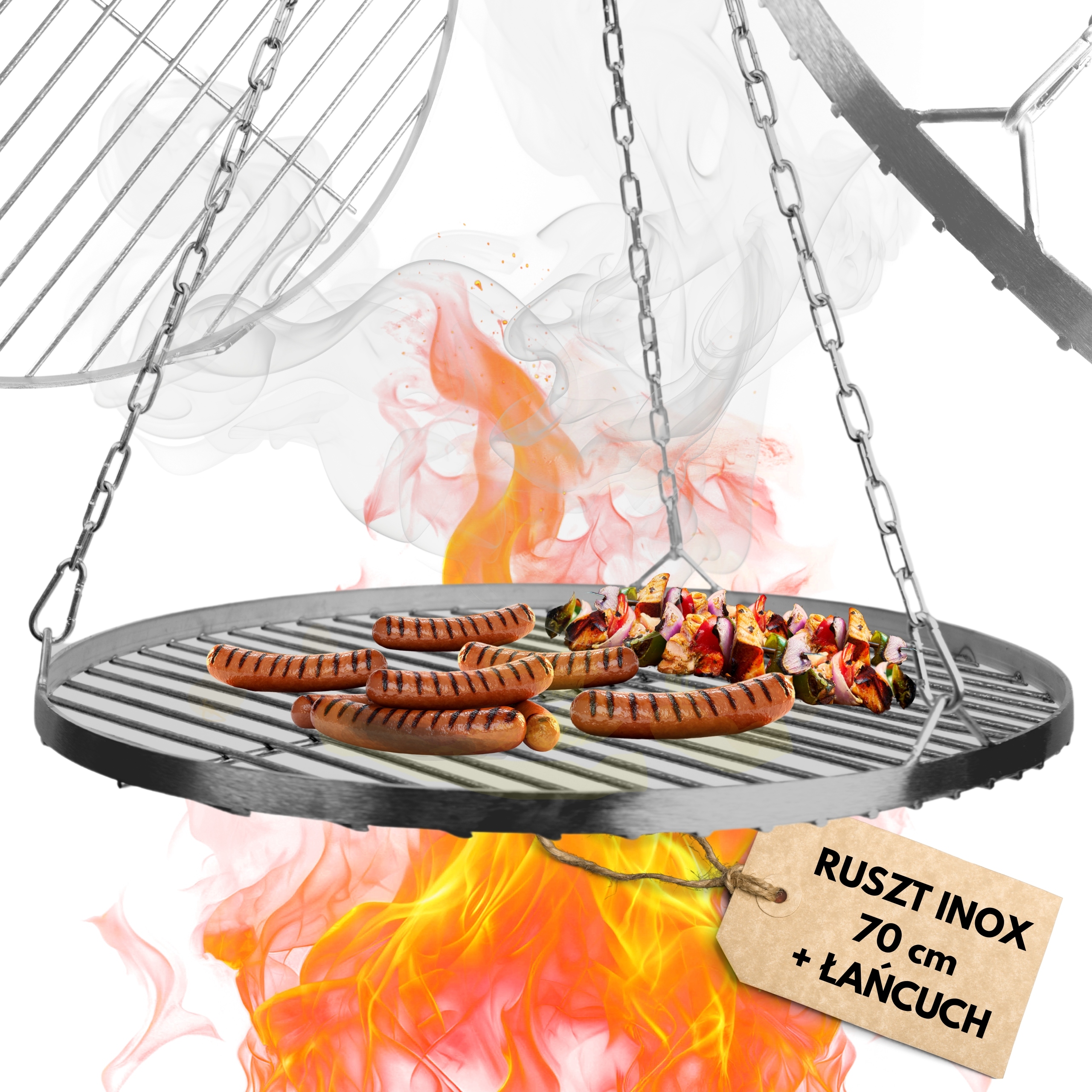 Zestaw Ruszt Inox 70CM Nierdzewny Łańcuch Do Grilla Trójnóg Ognisko Grill