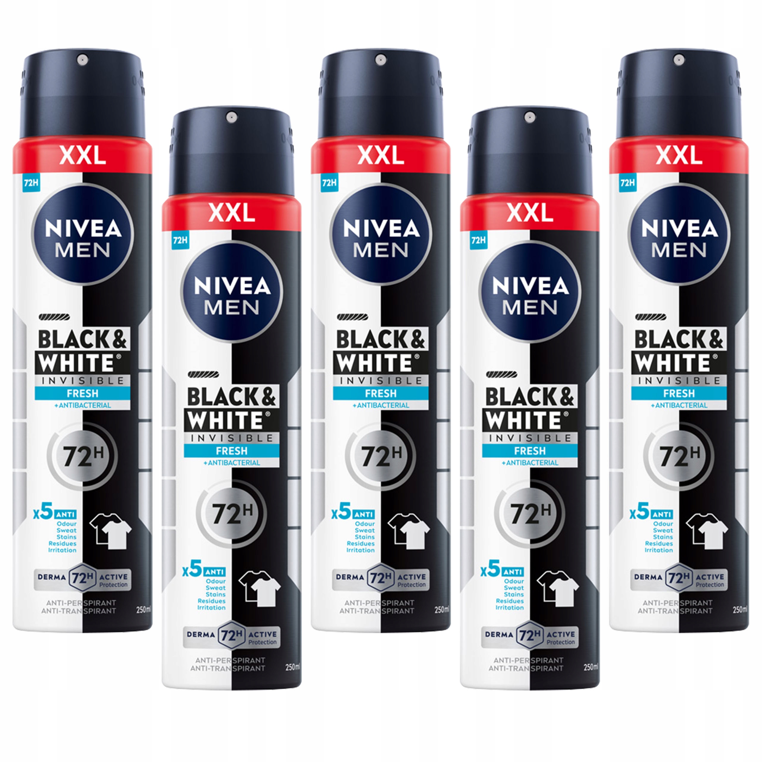 5 x Nivea Men Black & White Invisible Fresh Antiperspirant Ve Spreji 250 ML