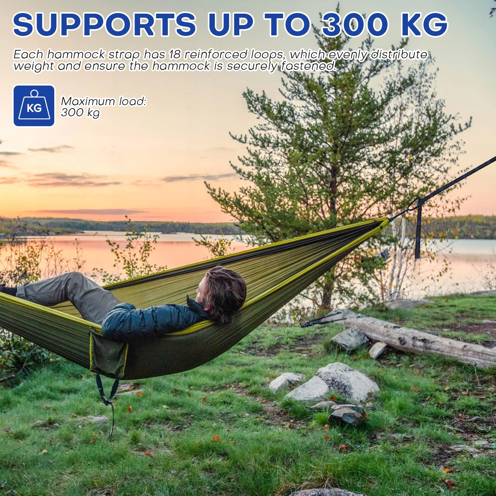 JUYIBAAO Zestaw 2 Haki Do Hamaków 3m x 2,5cm 18 Pętli 300kg Camping — miniatura 5