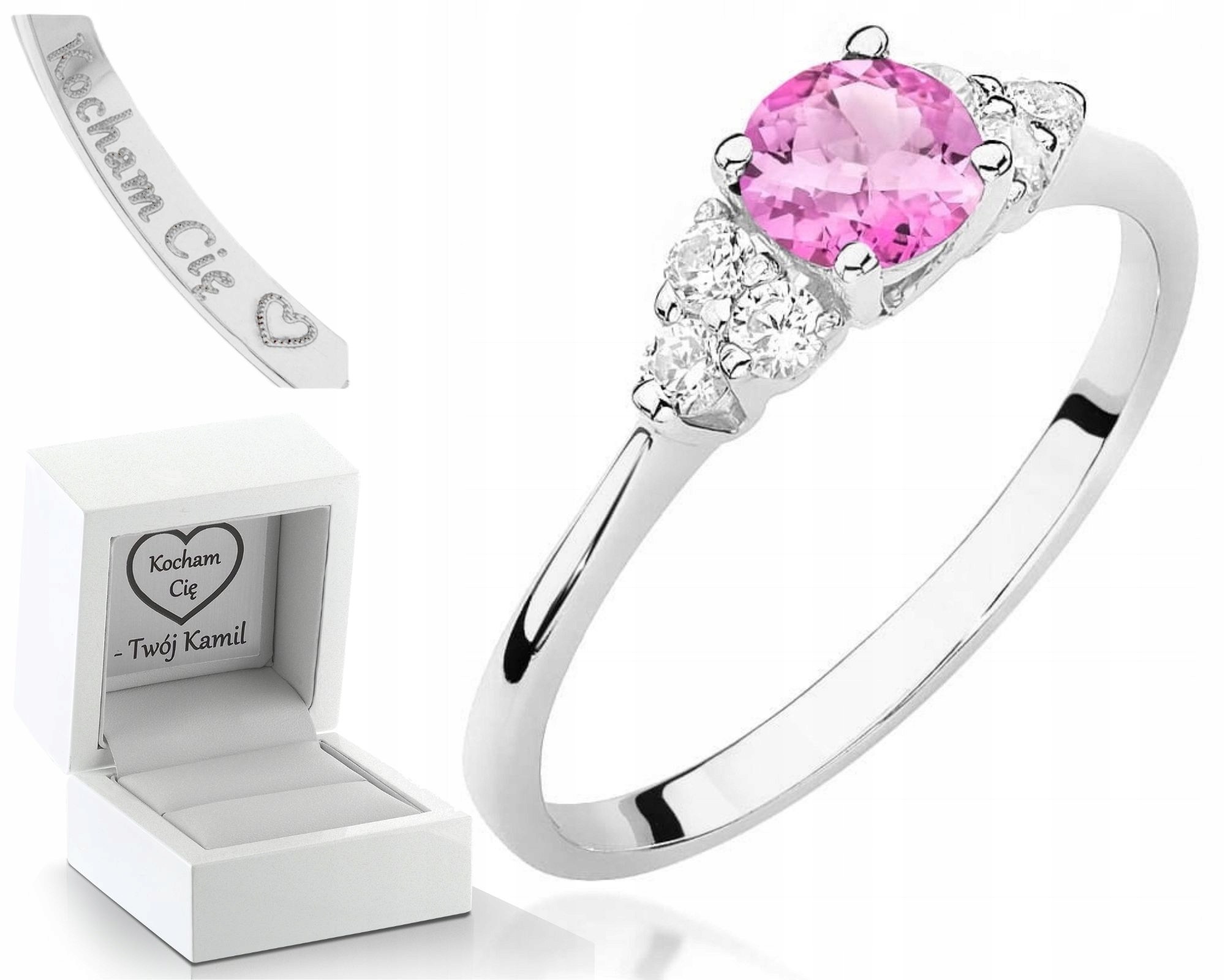 Bílý Zlatý Prstýnek S Růžovým Topazem A Diamanty Gravírování