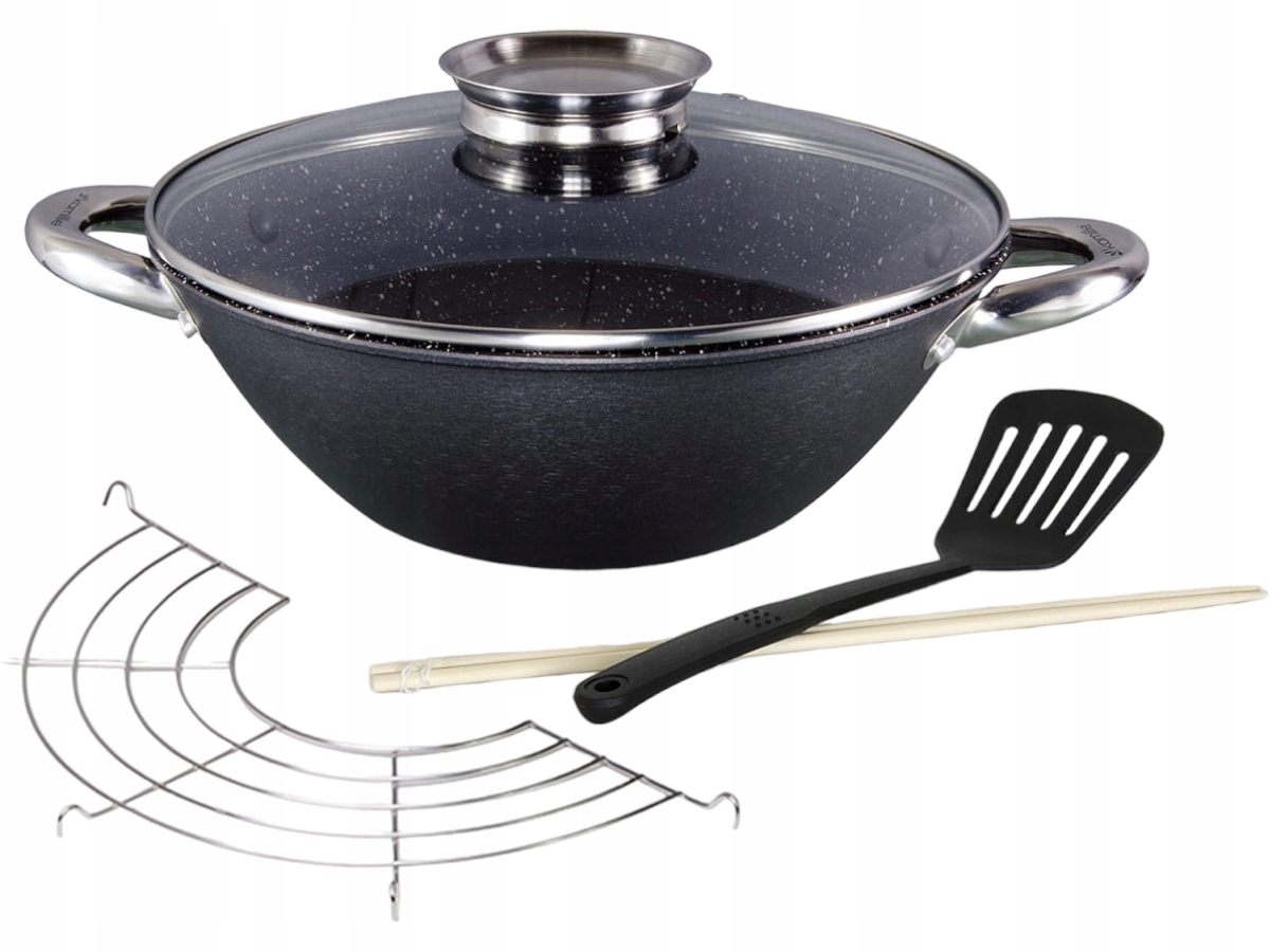 Wok Żeliwny Marmur Patelnia 32cm Pokrywa Marka Kamille