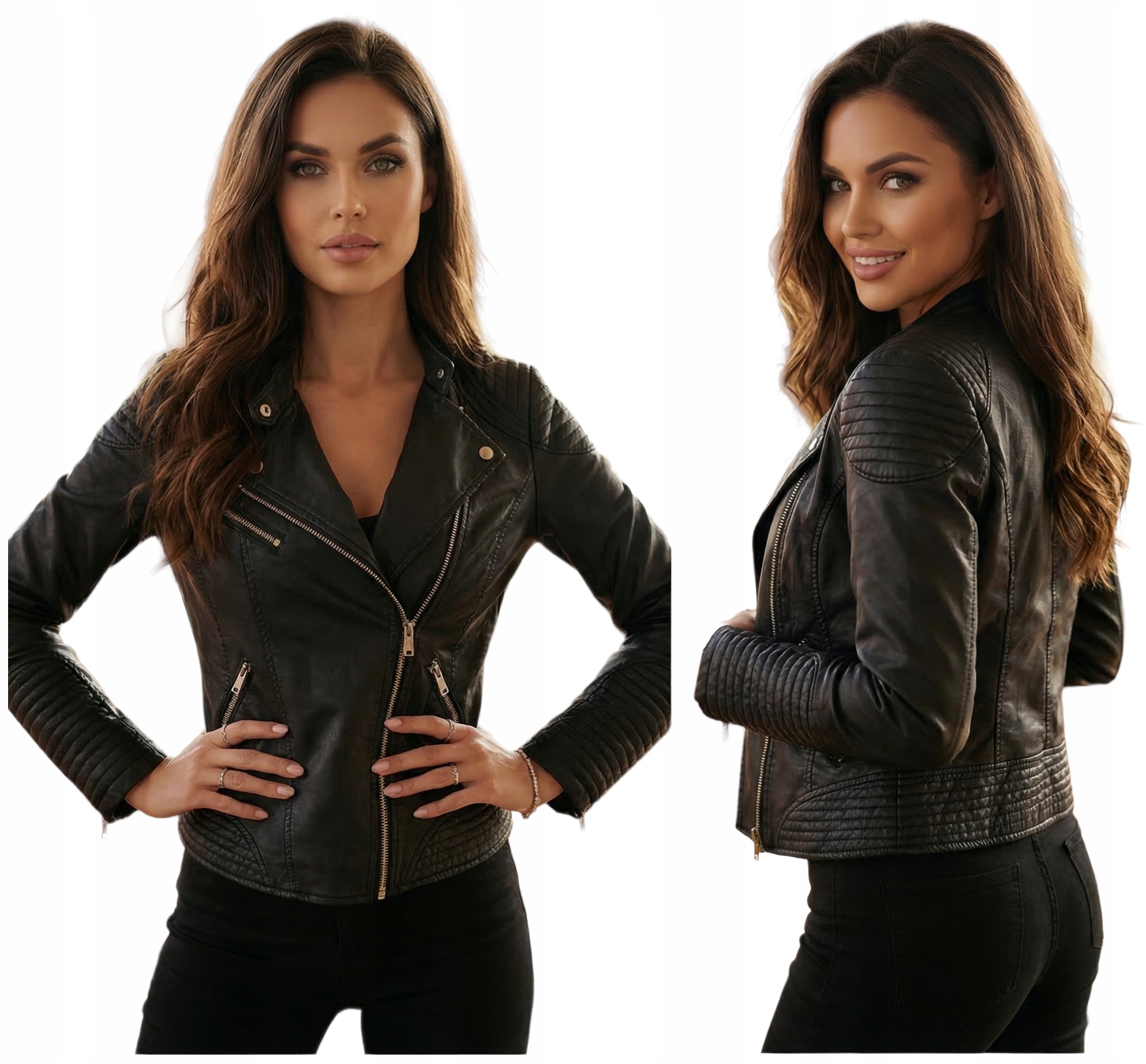 Kurtka Skórzana Taliowana Ramoneska Czarna Pikowana Damska Eco Skóra XXL