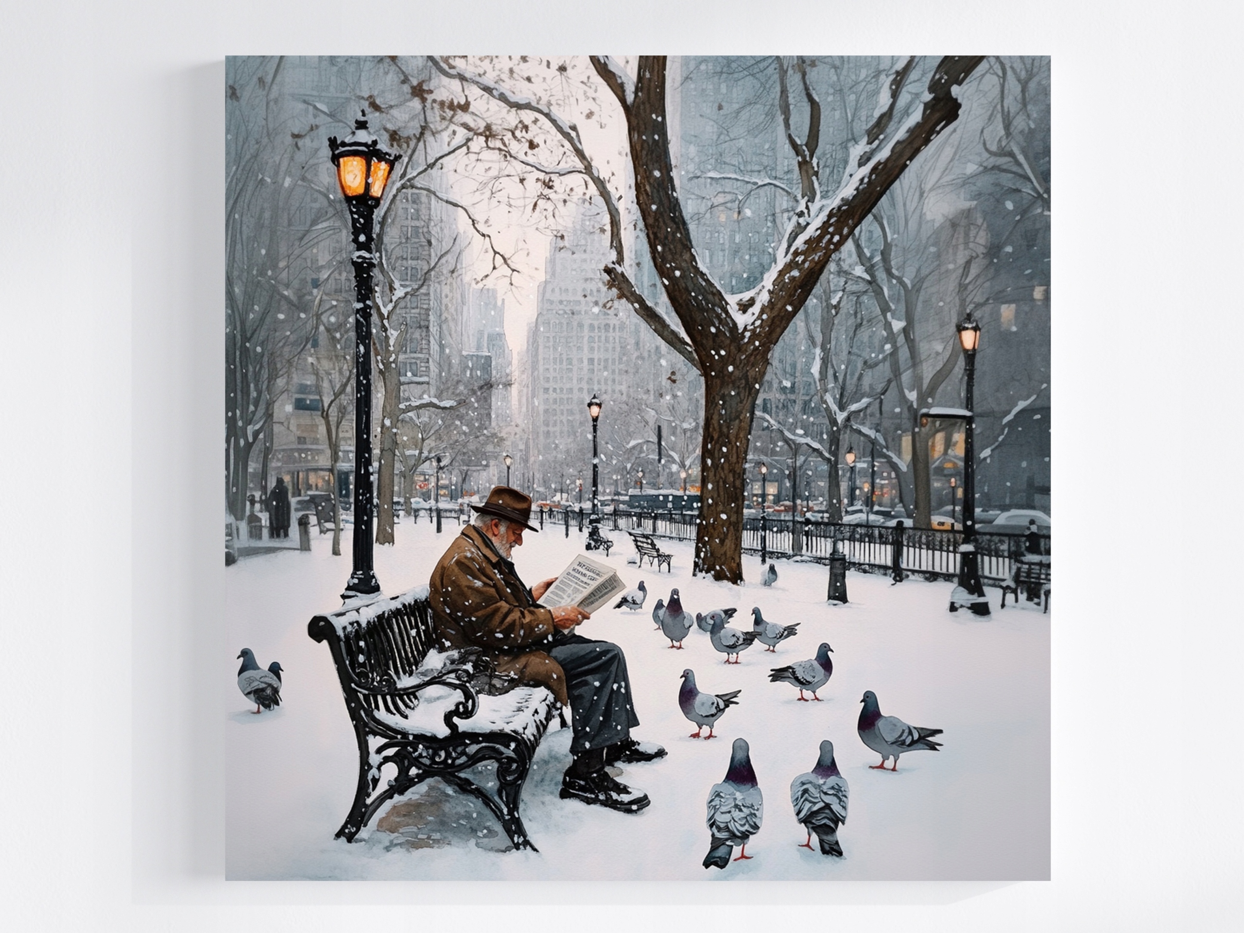Obraz Na Plátně Canvas Město Park Lavička Muž Zima Sníh Ptáci 80x80