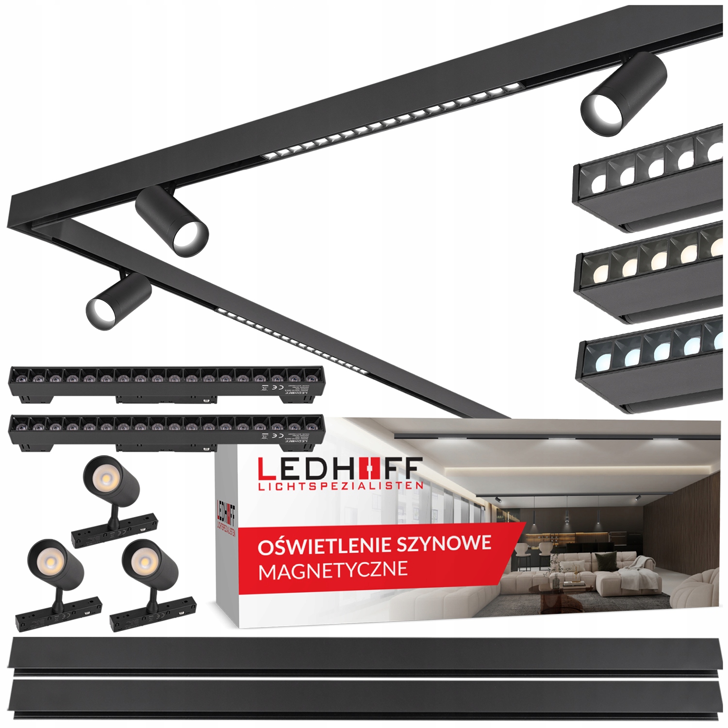 Magnetická lišta 2x 1 m 2x Led šošovková lampa 3x reflektor Spot M20