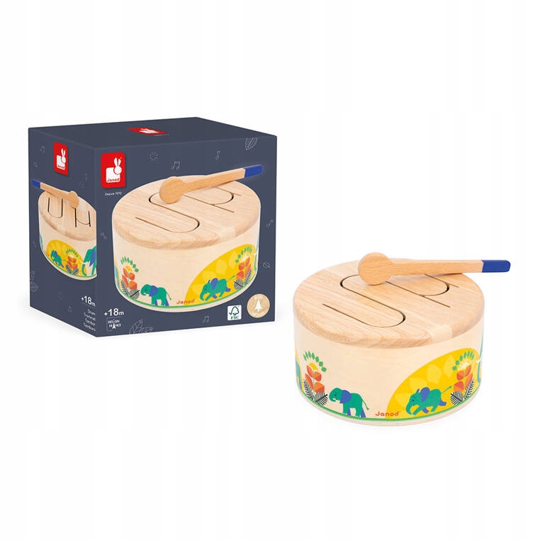 Zabawki drewniane - bębenek, instrumenty muzyczne dla dzieci 18 m+, Janod Kod producenta J07650