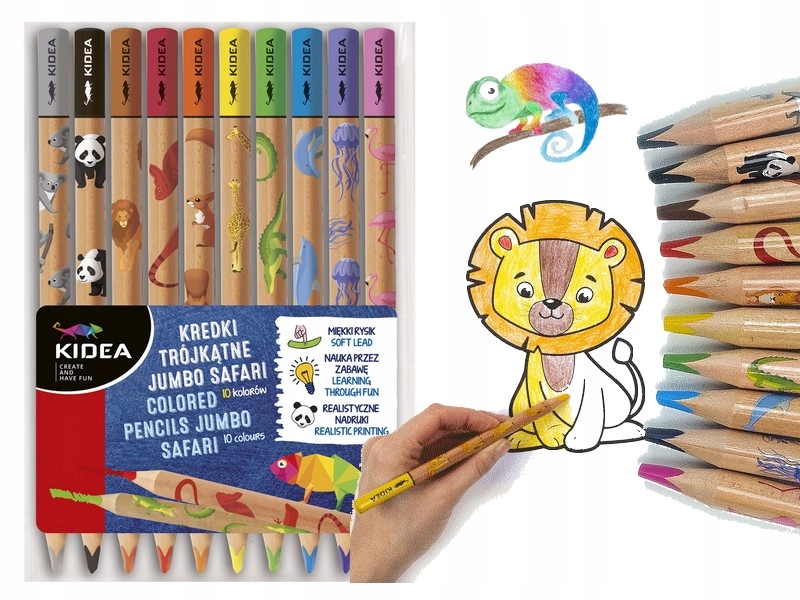 

Kidea Kredki Ołówkowe Trójkątne Jumbo 10kol Safari