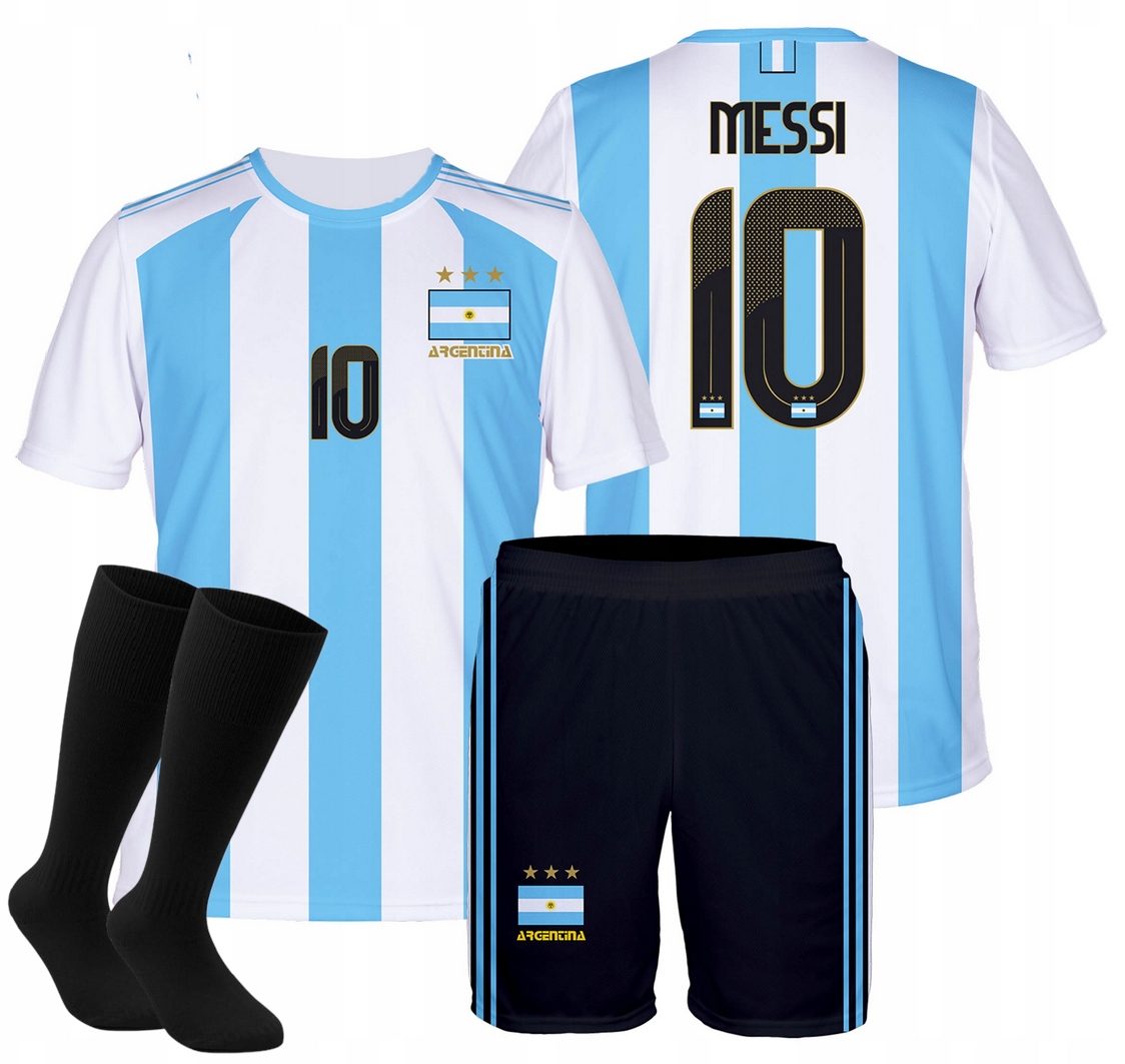 Strój Piłkarski Messi Argentyna Koszulka Spodenki Getry r. 116 Euro 2024