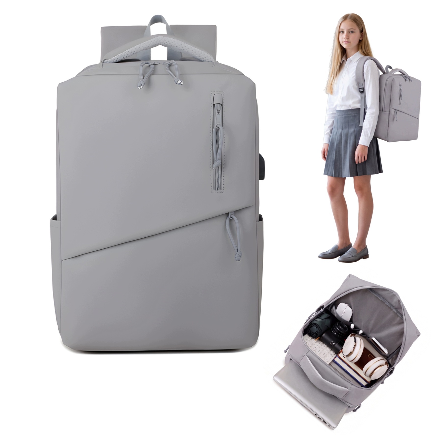 Batoh do školy pro střední školu, technický, světle šedý, Usb vstup pro notebook, knihy