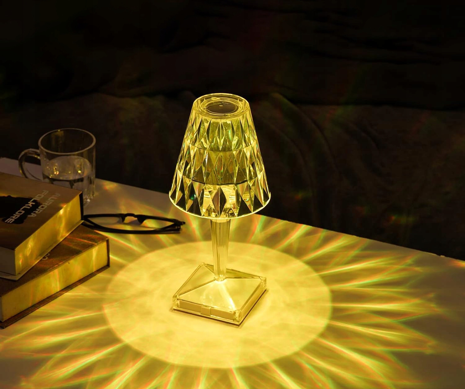 KRYSZTAŁOWA LAMPKA NOCNA STOŁOWA LED DIAMENTOWA DOTYKOWA RGB PILOT USB Długość/wysokość 25 cm