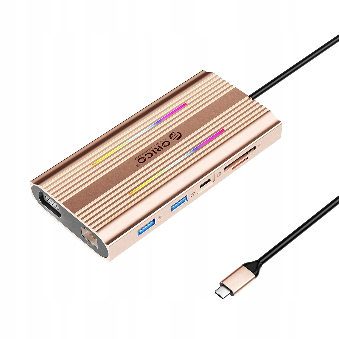 Dokovací stanice Usb-c Hub Orico Xdr 12v1 Rgb 2xHDMI 4K 60Hz Růžovo-zlatá