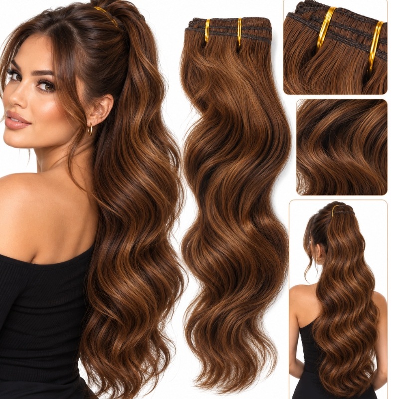 Włosy naturalne Weft brąz falowane 55 cm 260 g doczepiane sew in