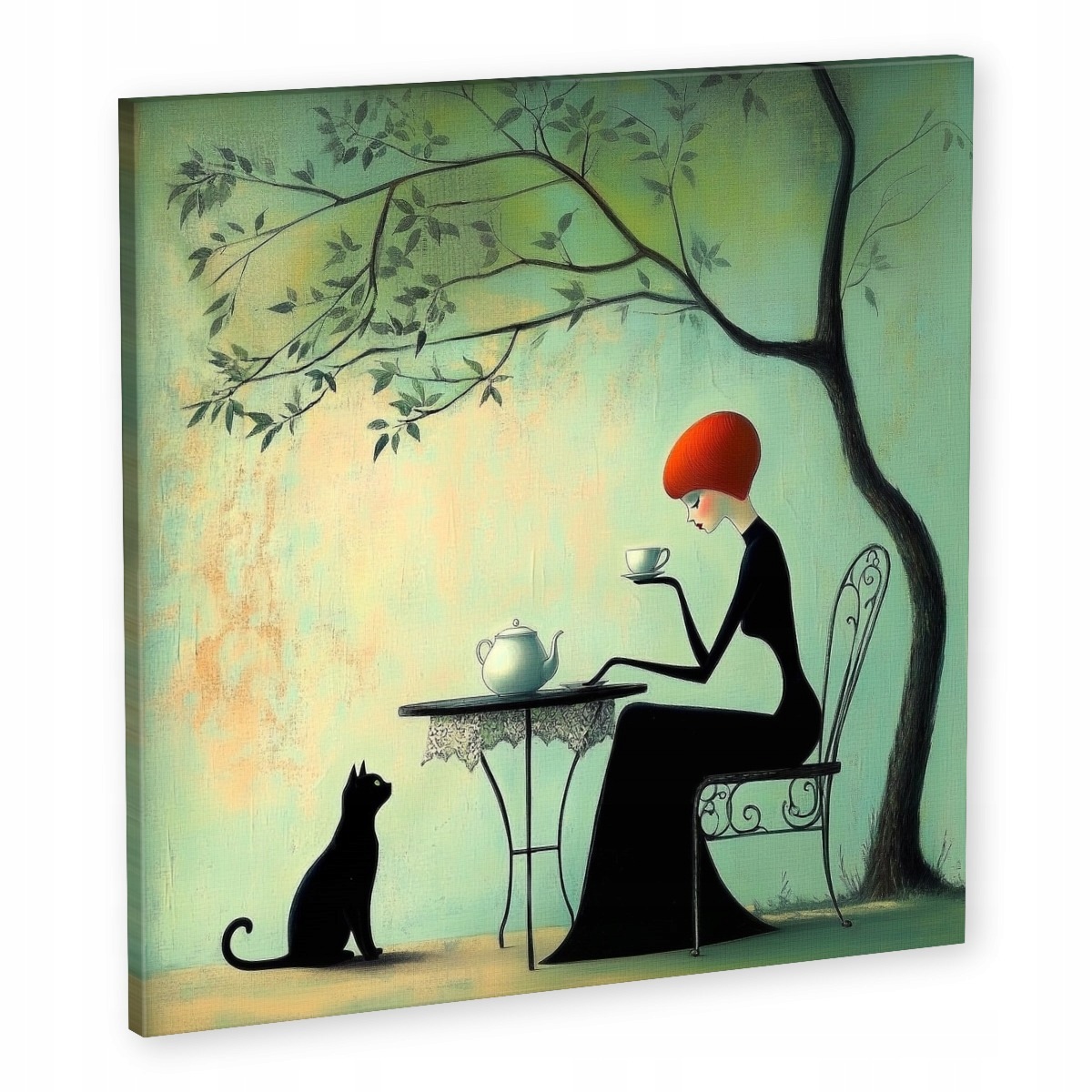 Obraz Na Plátně Canvas Grafika Kavárna Žena Kočka Káva Vintage 50x50