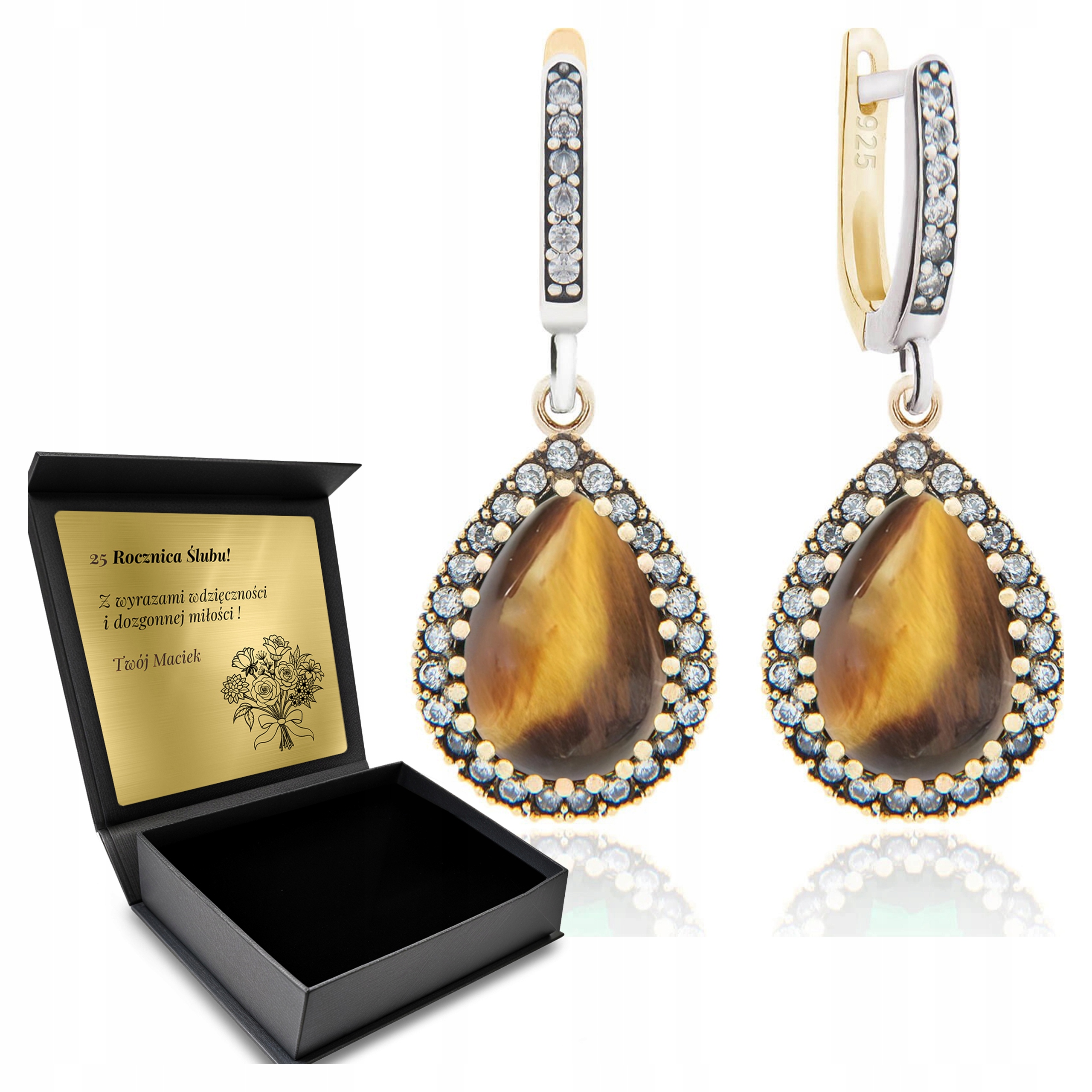 Stříbrné Náušnice 925 Zirkony Tygří Oko Dárek pro ženu Gravírování