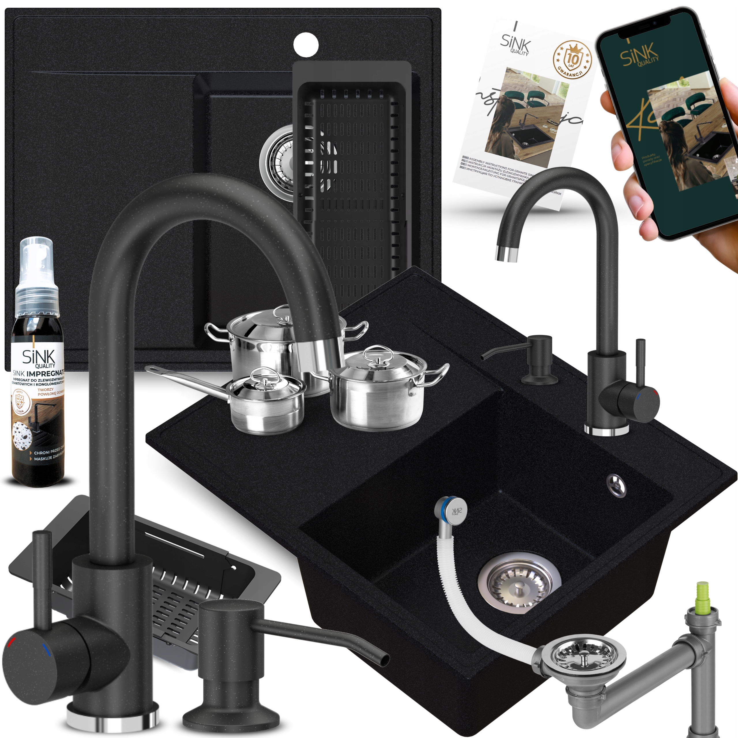 Granitový dřez s dávkovačem baterie černá skvrnitá Komora Pravá