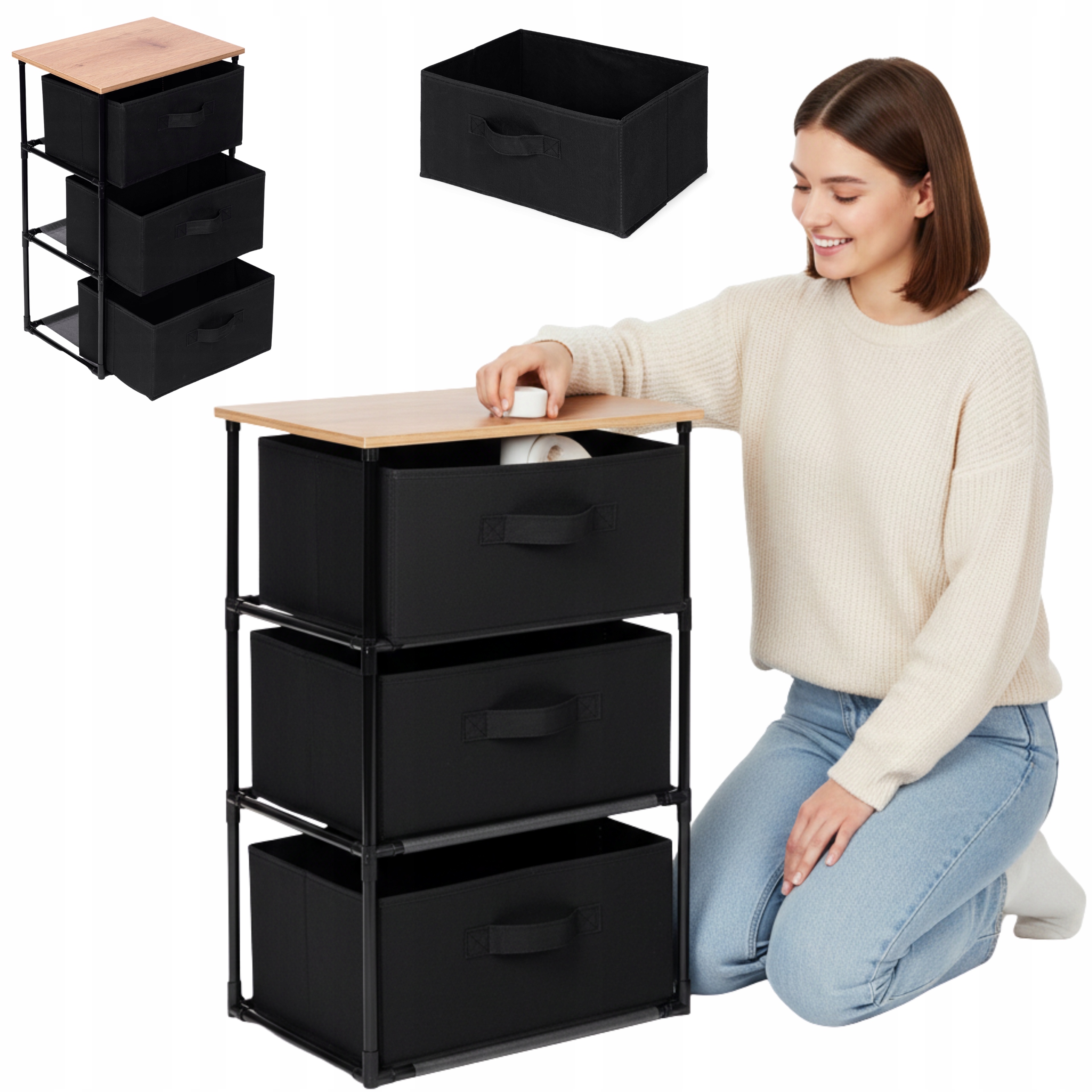 SZAFKA REGAŁ TEKSTYLNY ORGANIZER MATERIAŁOWY 3KOSZE LOFT DO SYPIALNI CZARNY