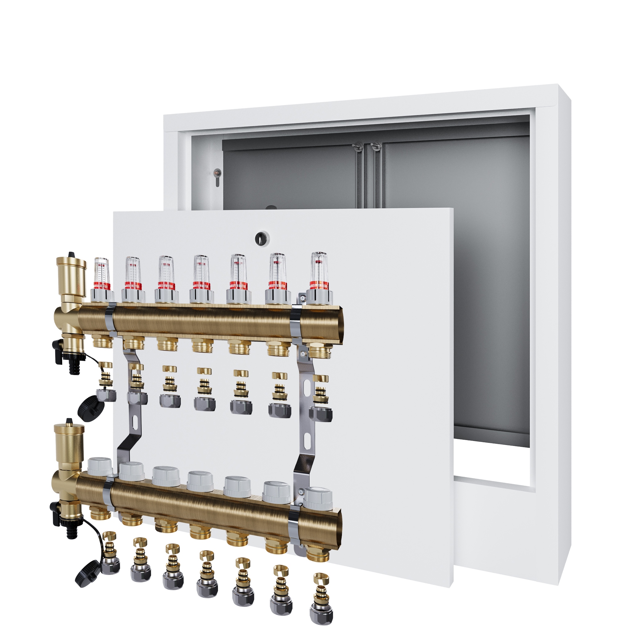 Rozdělovač pro podlahovou krytinu 7 podlahových topení s nástěnným boxem Pex