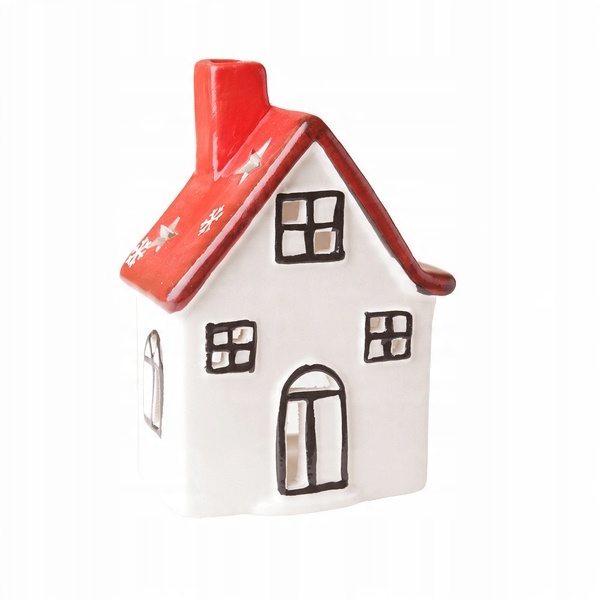 

Domek ceramiczny tealight czerwony dach gwiazdki
