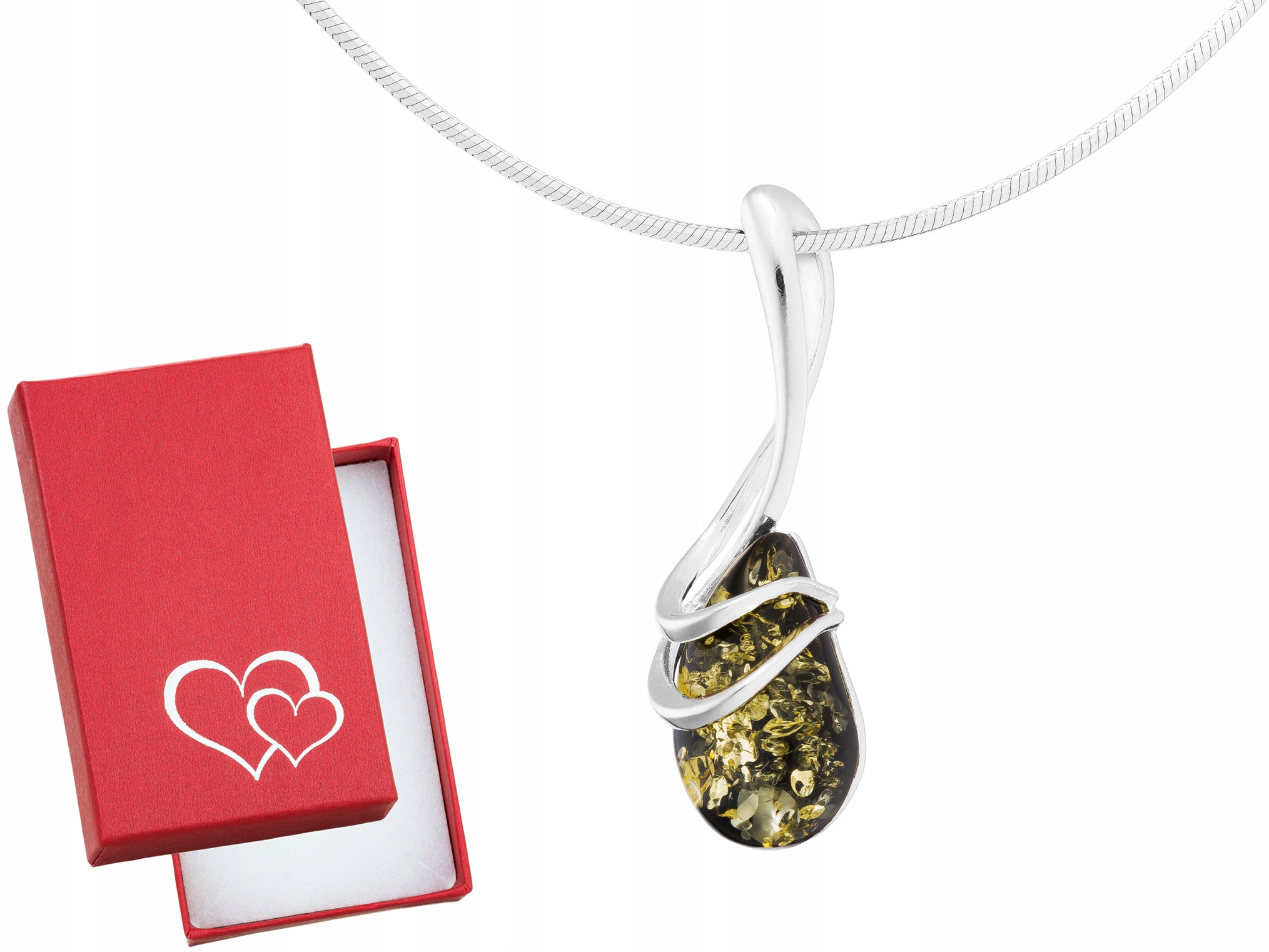 Dlouhý stříbrný náhrdelník Kapka se zeleným jantarem Lžička Jantar 60 cm