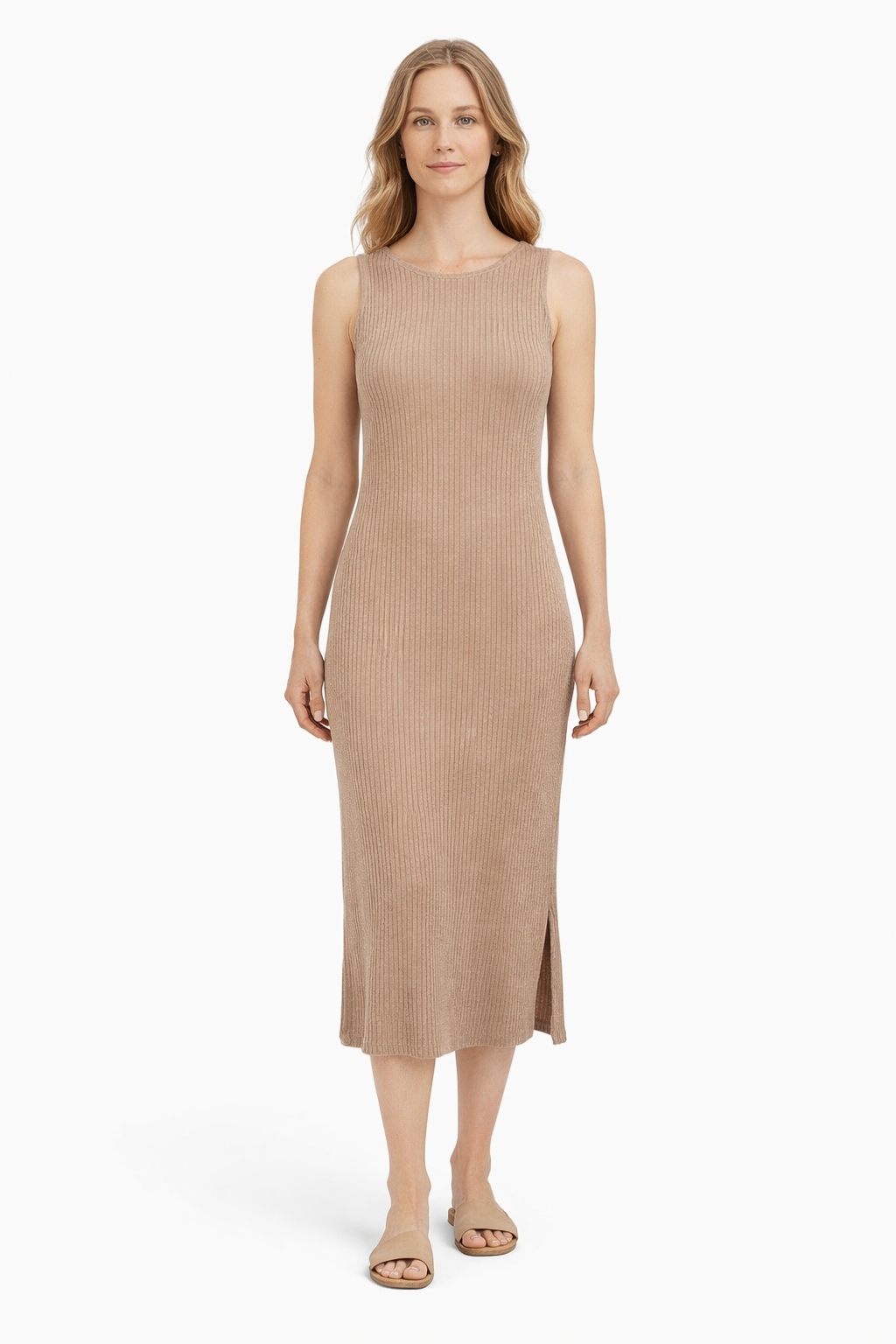 Femi Stories Béžová Pletená Šaty MIDI S Hlubokým Výstřihem A Velikostí I4C