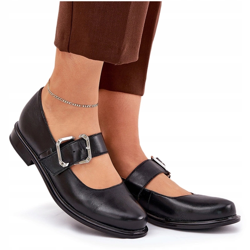 Dámské Polobotky Kožené Spona Plochý Podpatek Laura Messi 2980 Černá 40