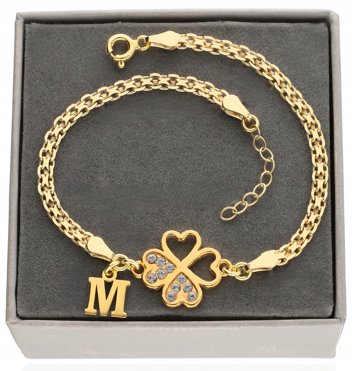 Złota szeroka bransoletka koniczynka literka dowolna Srebro 925 pozłacane