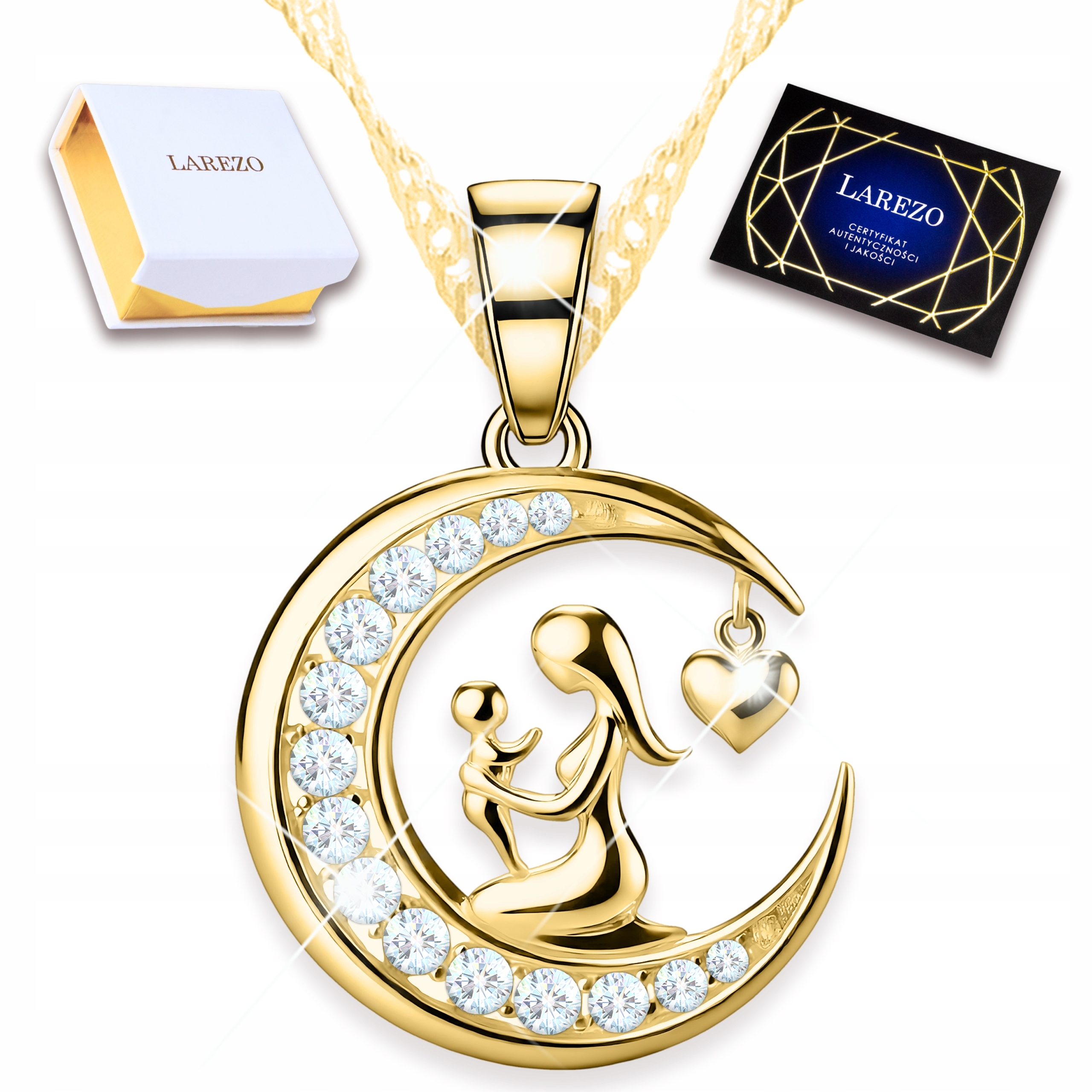 Zlatý náhrdelník Matka s dítětem Půlměsíc Měsíc Zirkony Stříbro 925