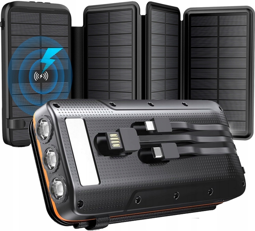 Solární Powerbanka 30000 mAh 22,5 W s Nabíjecím Indukčním Svítilnovým Kabelem 5xUSB