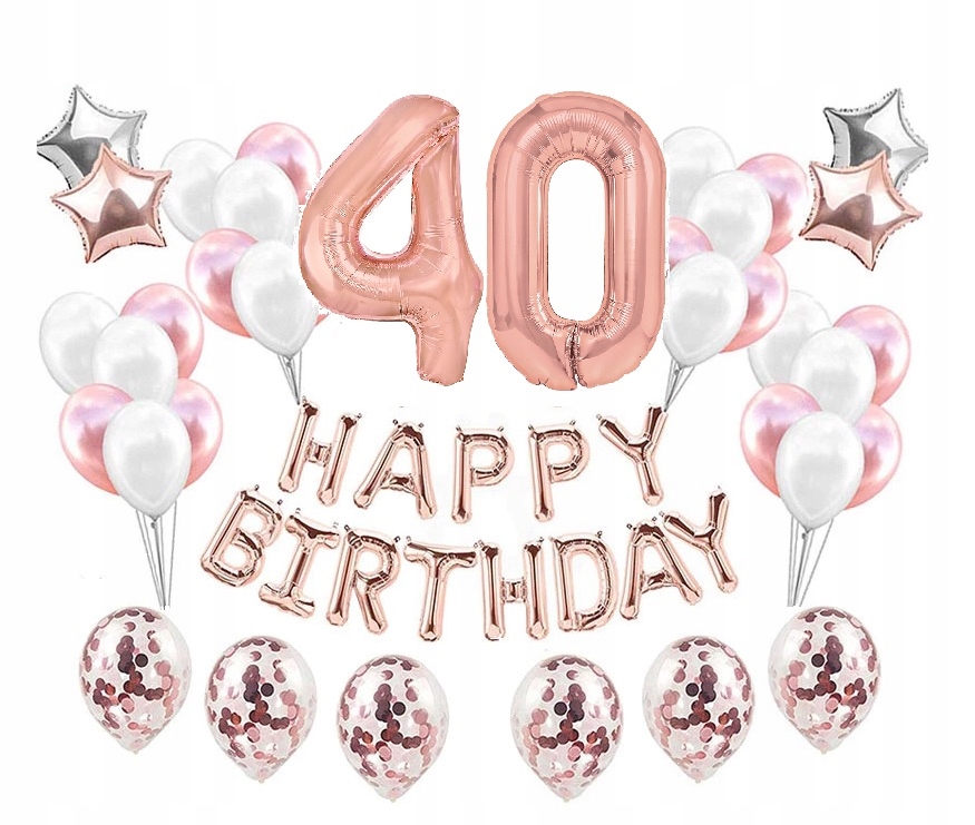 Duży zestaw balonów Rose Gold na 40 urodziny Happy Birthday napis Cyfry