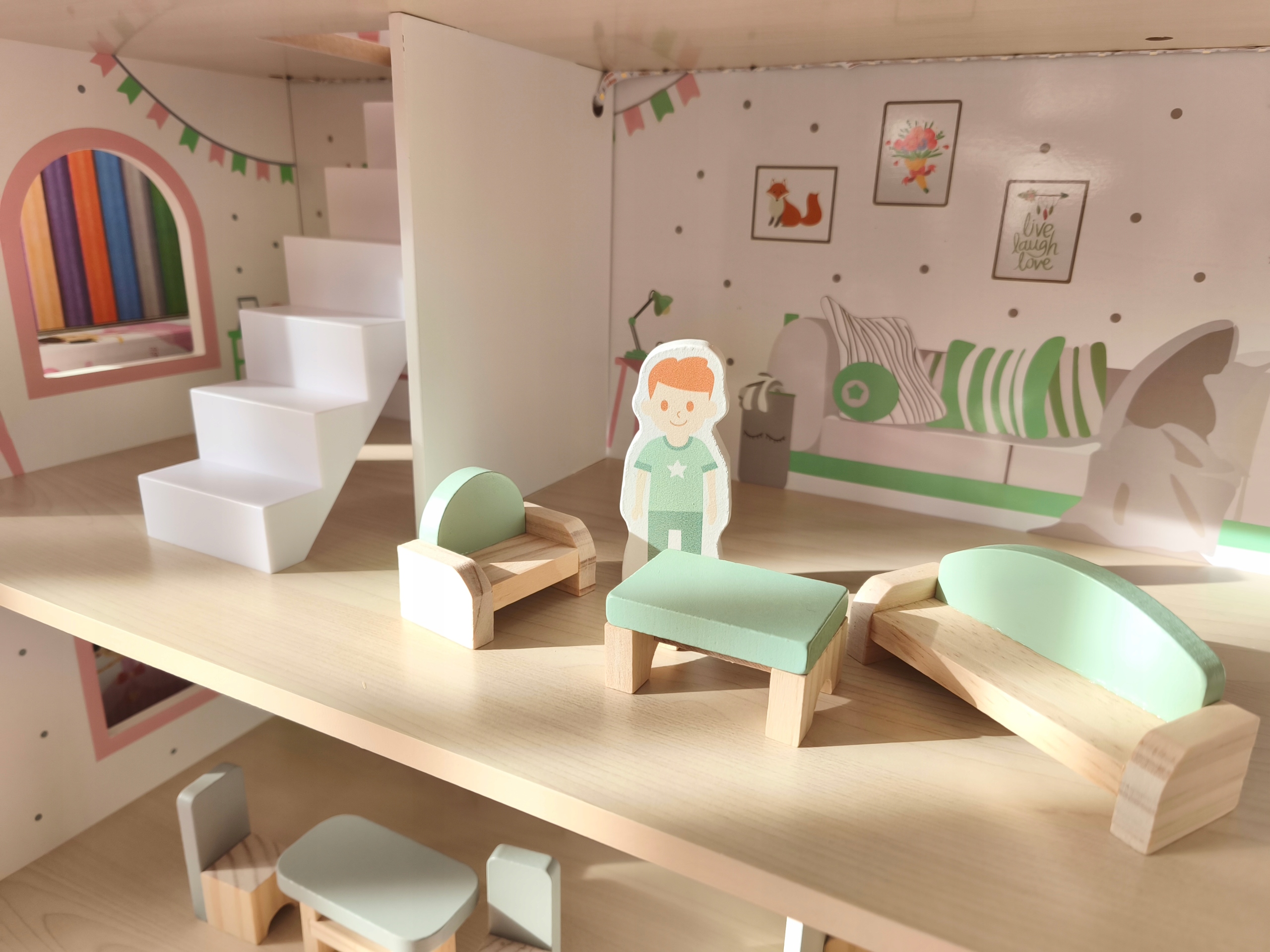 DUŻY Domek Dla Lalek Drewniany LED Pastelowy 3 Poziomy Laleczki Mebelki Seria 001