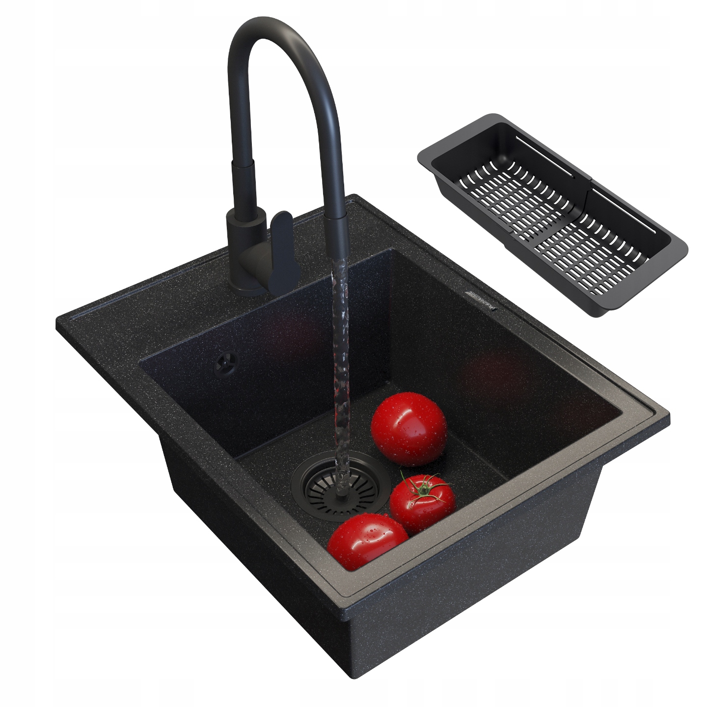 Granitový Drez Nero Jednokomorový, Čierny, Škvrnitá Batéria, Sifón