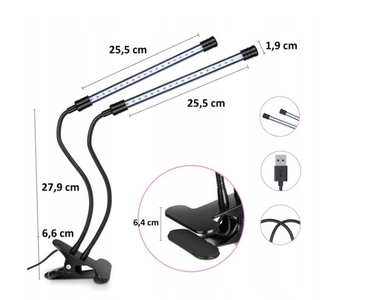 Lampa LED do wzrostu uprawy roślin timer USB klips Długość 25 cm
