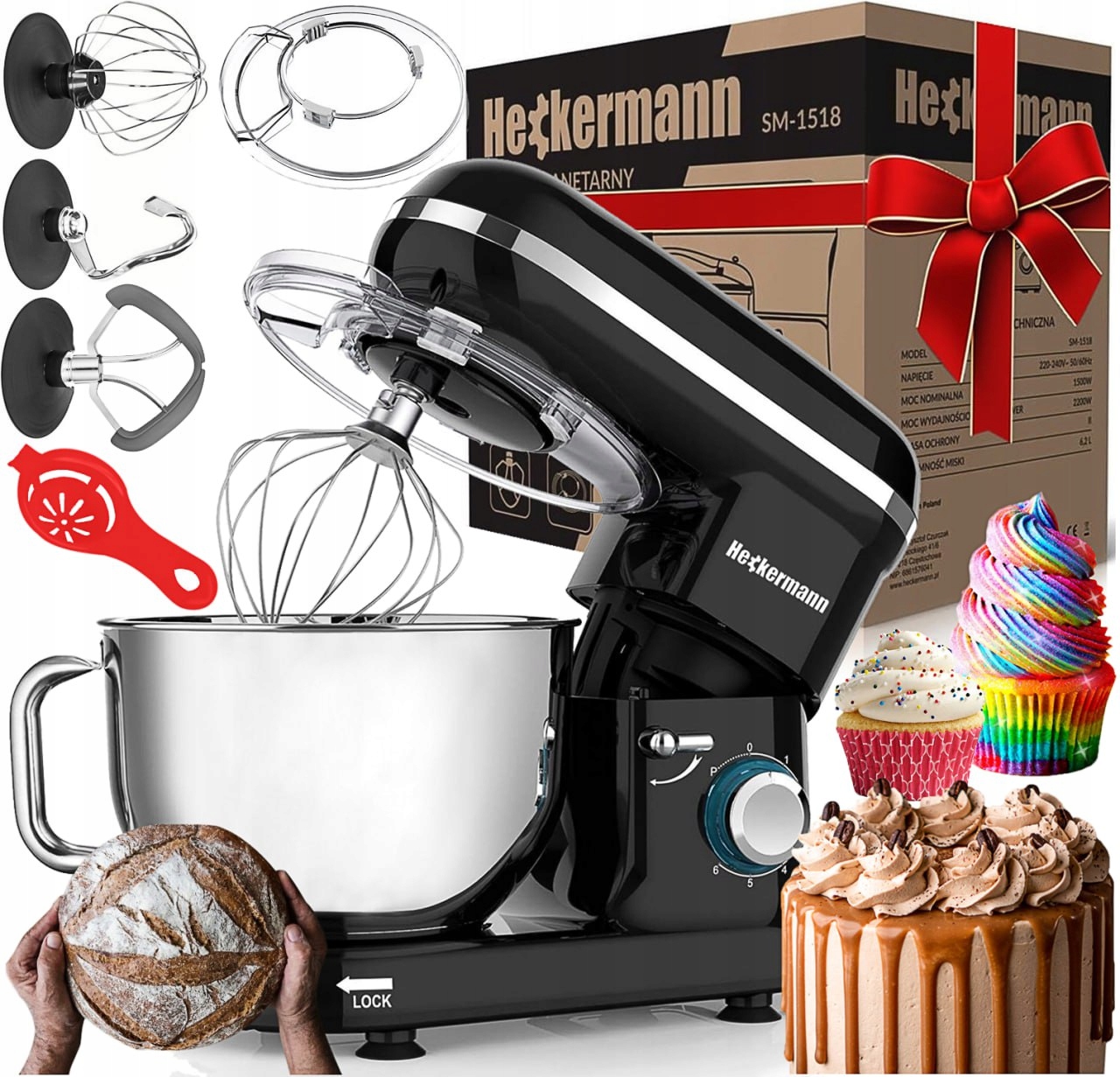 Robot Kuchenny Planetarny Wielofunkcyjny Mikser Heckermann 2200W Misa 6,2l