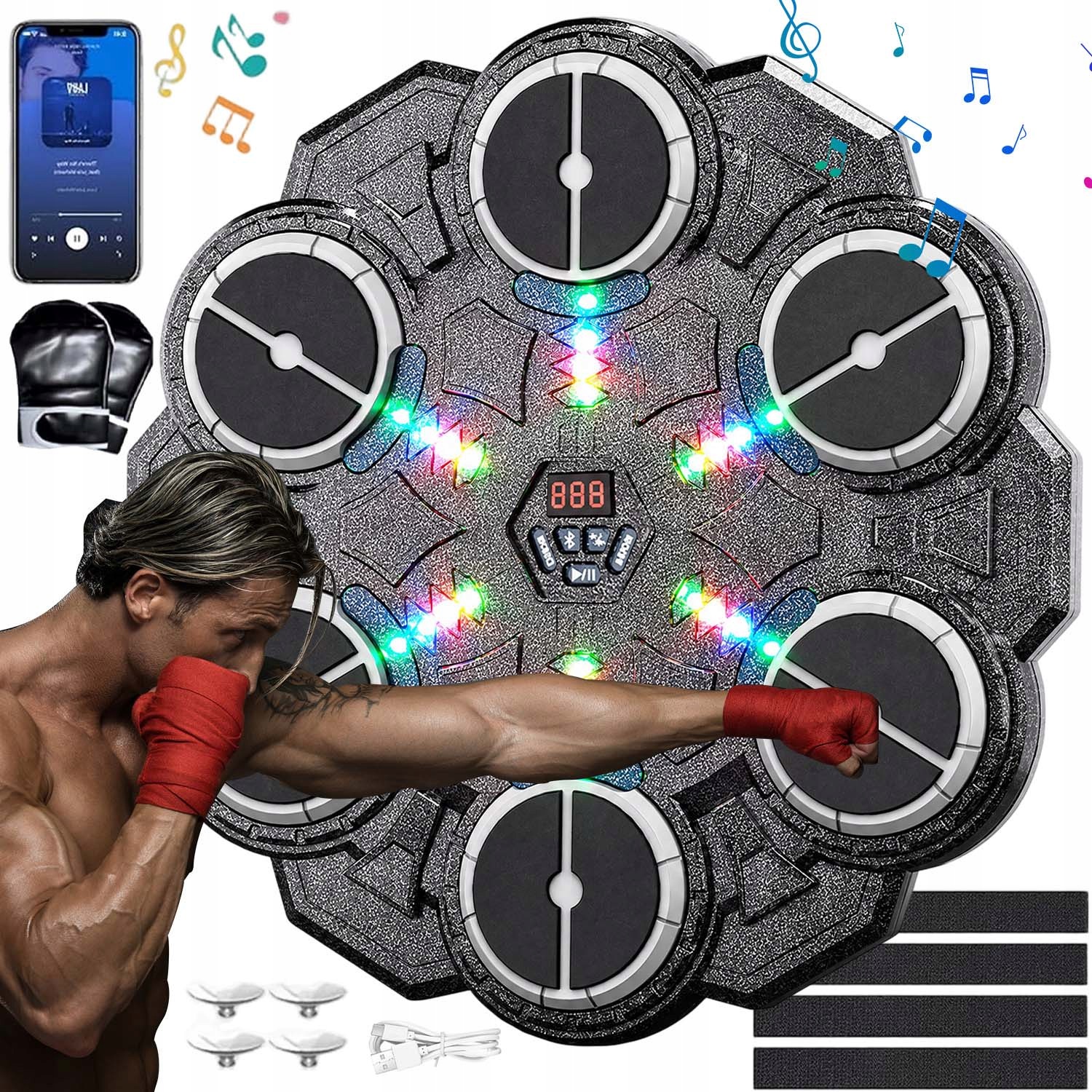 Hudební Boxovací Stroj Namontovaný Na Stěně Pomocí Bluetooth, 9 Režimů Rukavice