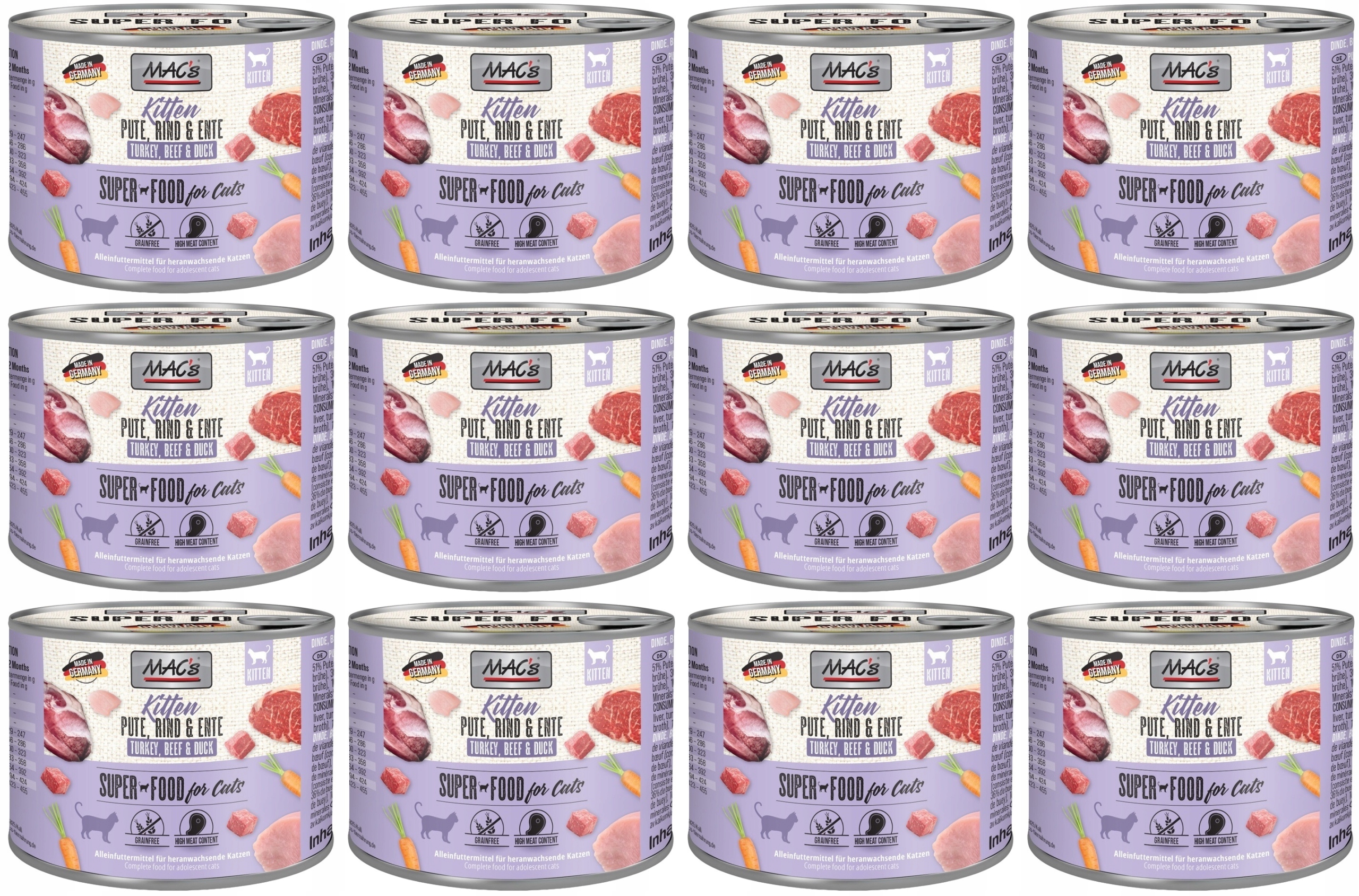 Levně Mac's Cat Kitten Krůta, hovězí maso, kachna 12 x 200 g