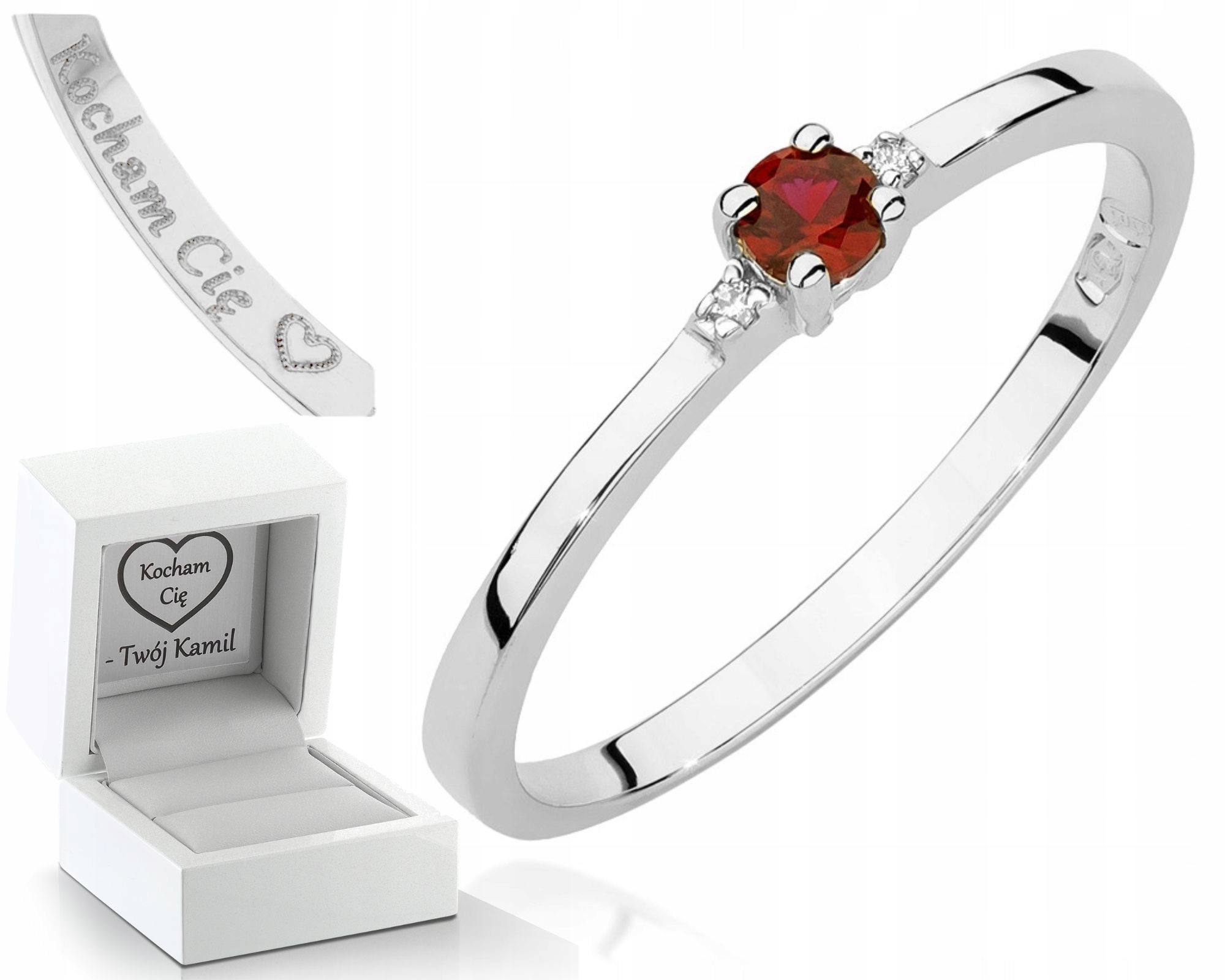 Prstýnek Bílé Zlato Rubín Brilianty Gravírování 585