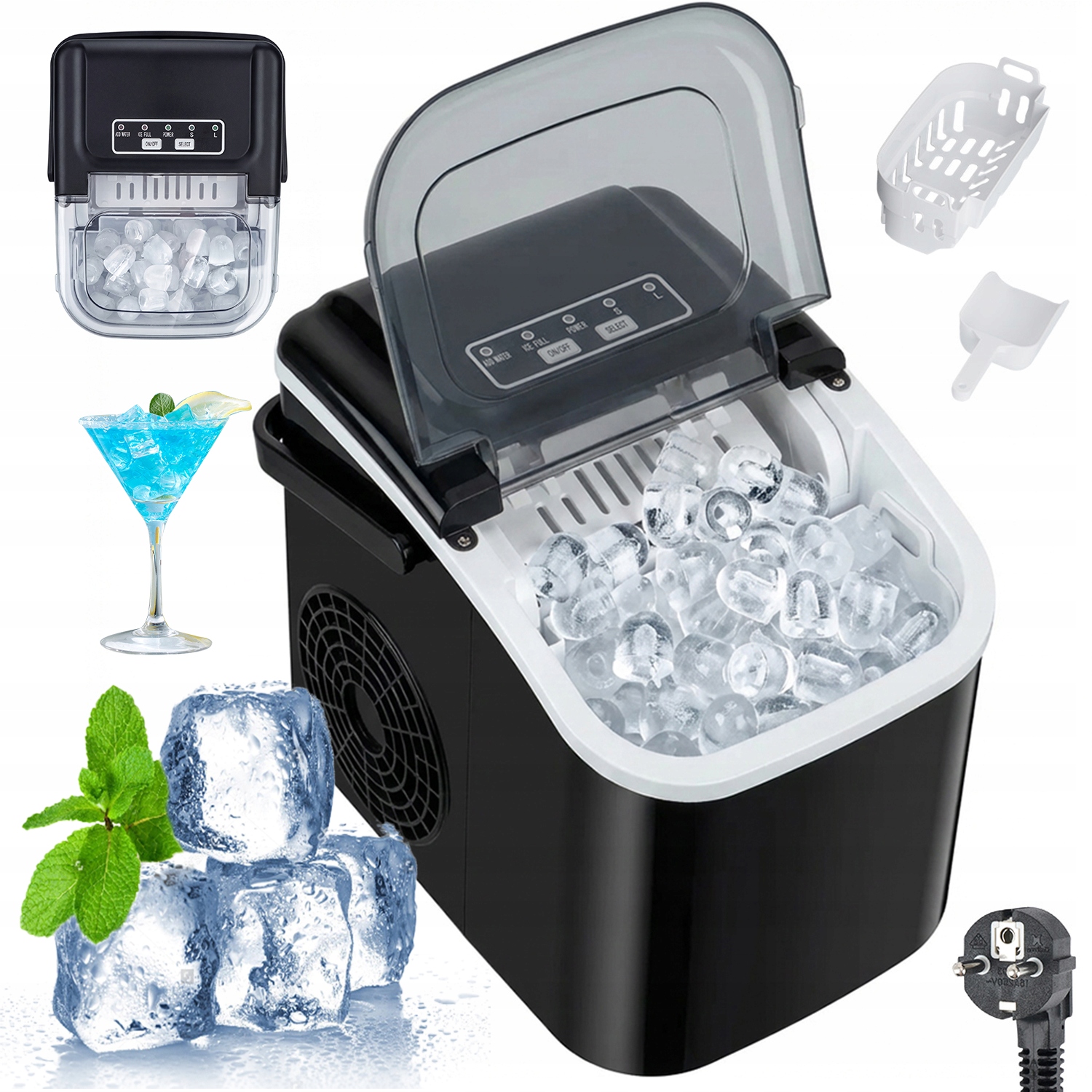 Maszyna Do Lodu Szybka 12KG/24H 1.2L 6MIN 8 Kostek Okienko Czarna