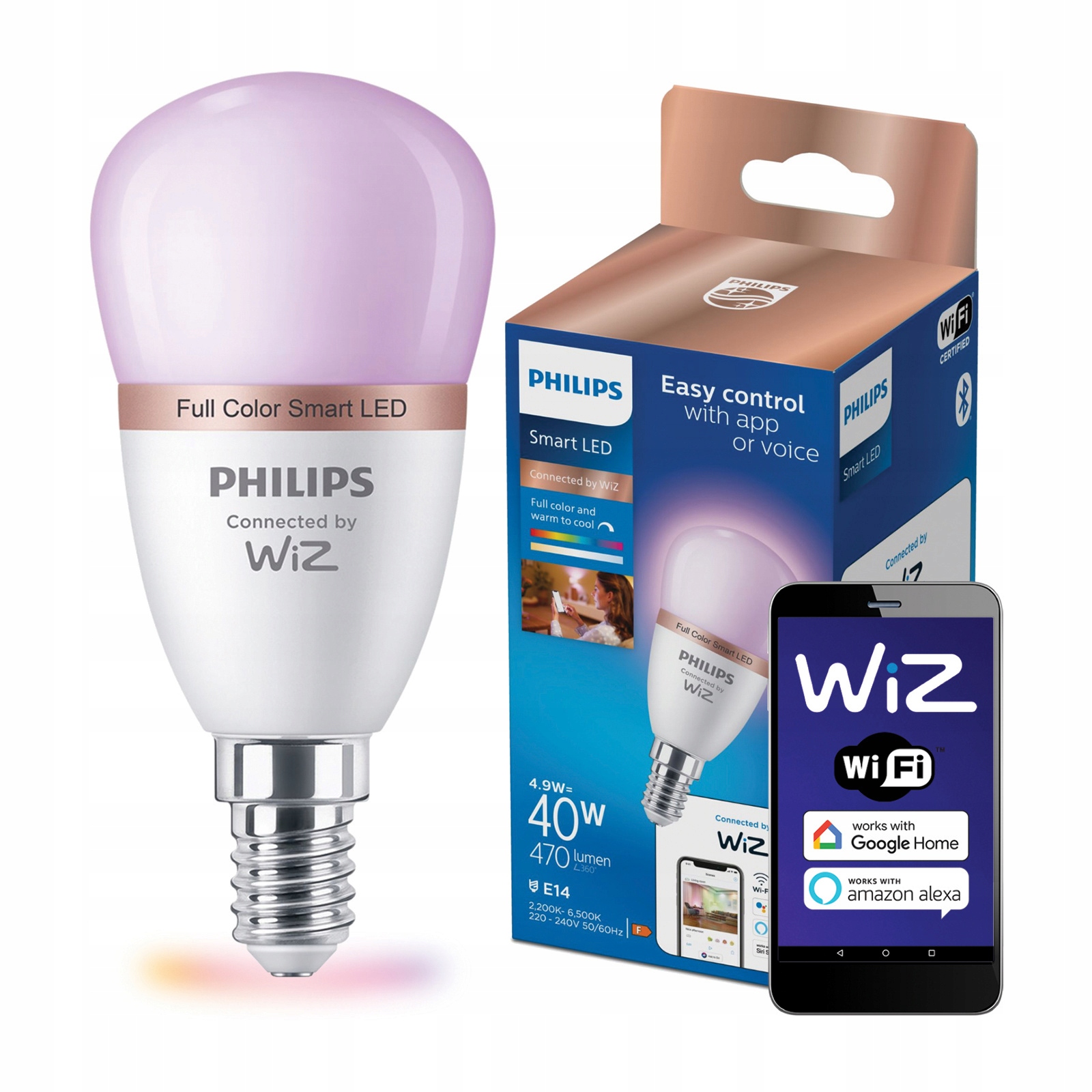 Żarówka LED E14 4,9W 40W RGB Inteligentna SMART WiFi Aplikacja WiZ Philips