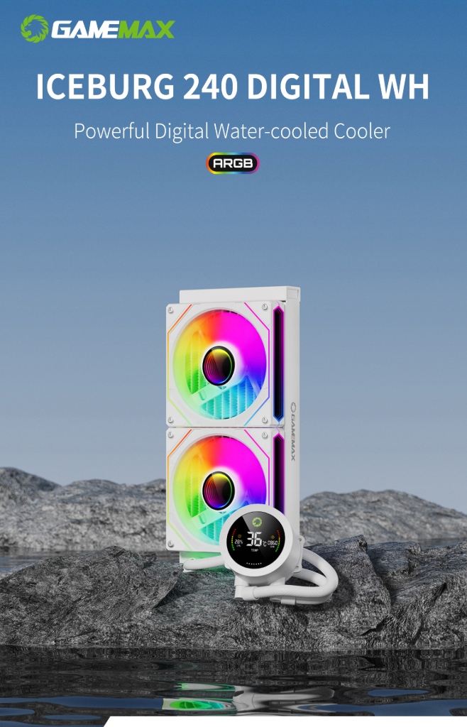Vodné chladenie Cpu 240mm Argb, biela, GameMax IceBurg 240V Digital Wh