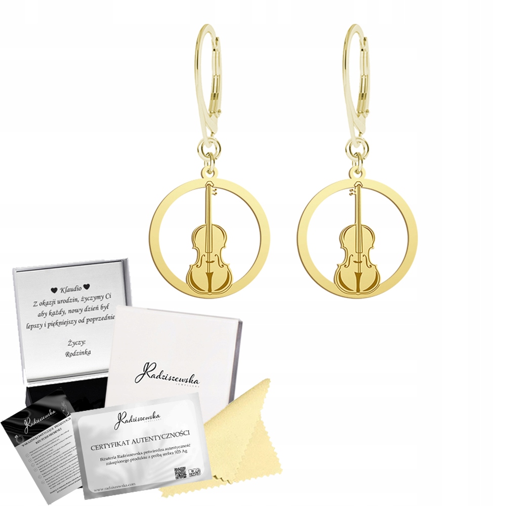 Zlaté Náušnice Housle Závěsné Stříbro 925. Narozeniny Gravírování Dedikace Bonus