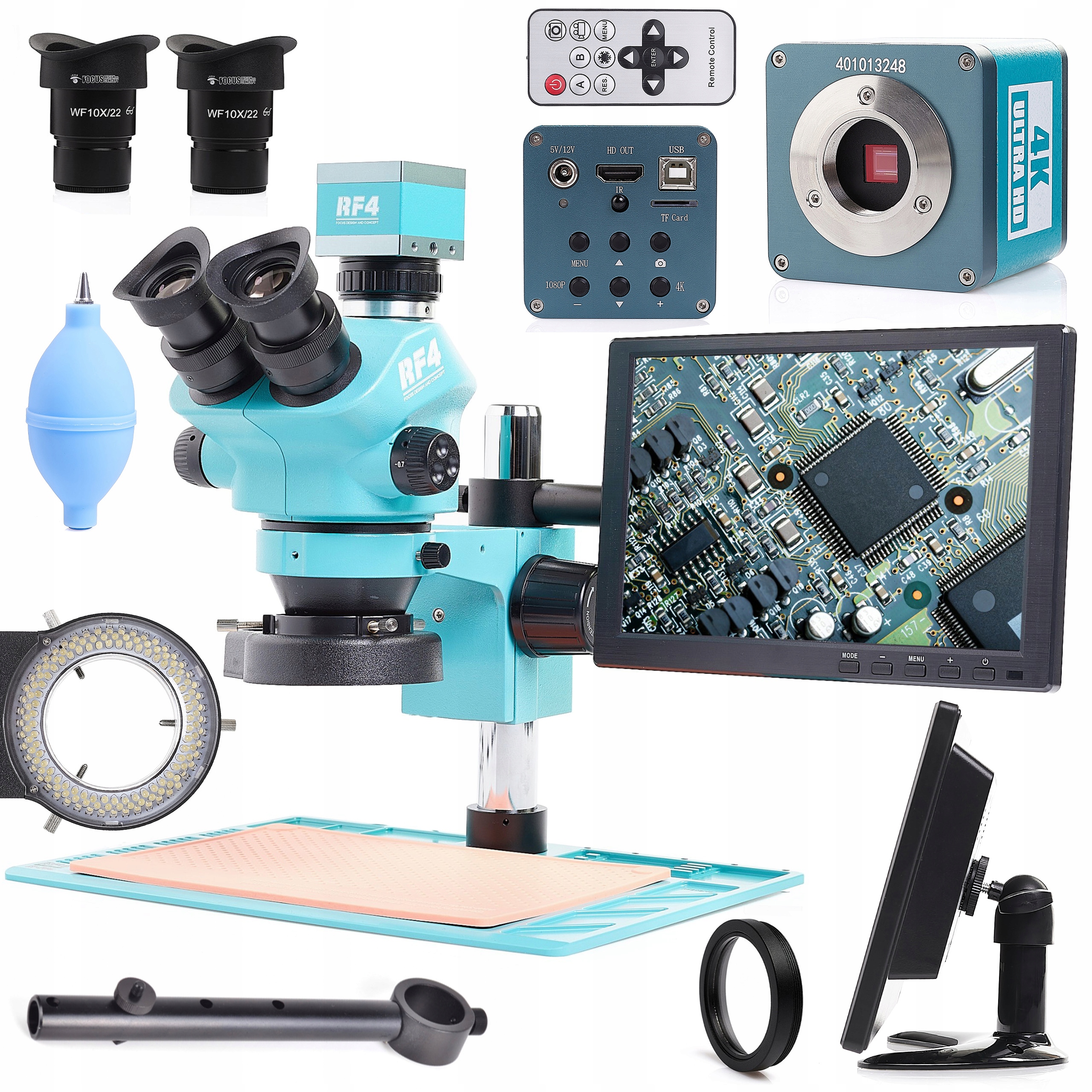 Stereoskopický Mikroskop RF4 Osvětlení 144x Led Kamera 4K Displej 10"