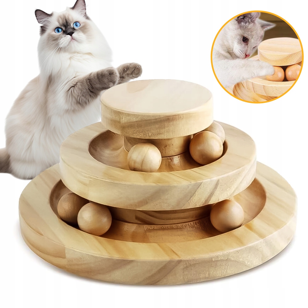 Levně Dřevěná hračka pro kočky, kolotoč s míčky, rozměry 20,5 x 8 cm