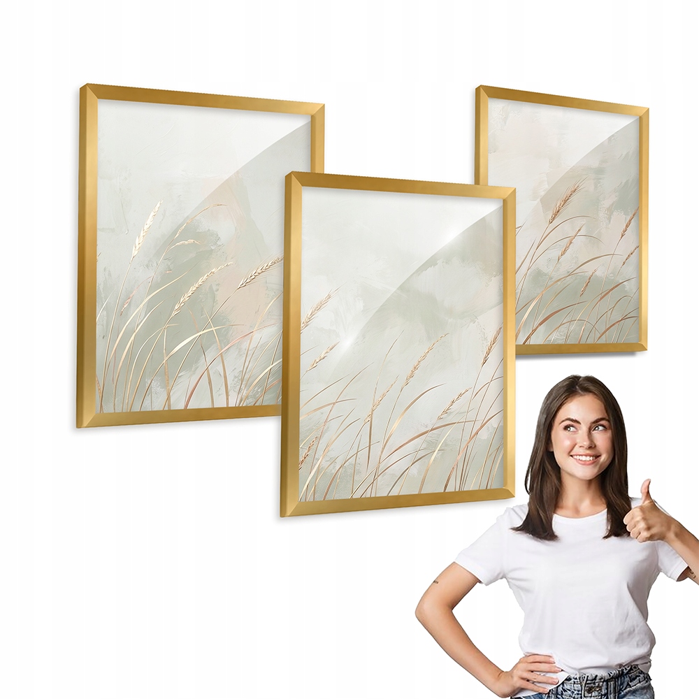 Sada 3 obrazov Pšeničné Klosy so zlatým rámom 50x70, do obývačky, kancelárie