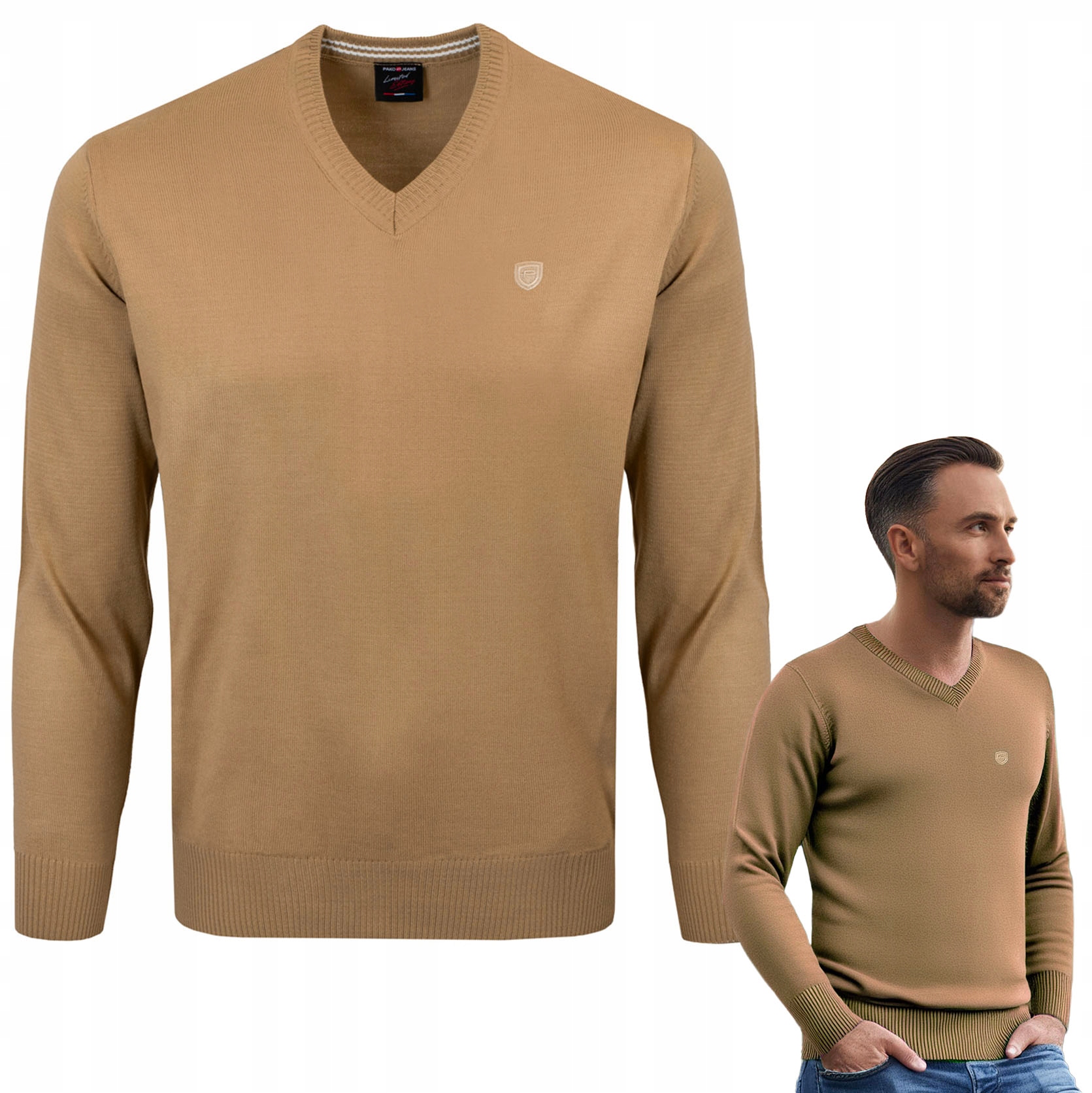 Pánský svetr se sýrem Elegantní hladký Karamelový XXL Pako Jeans