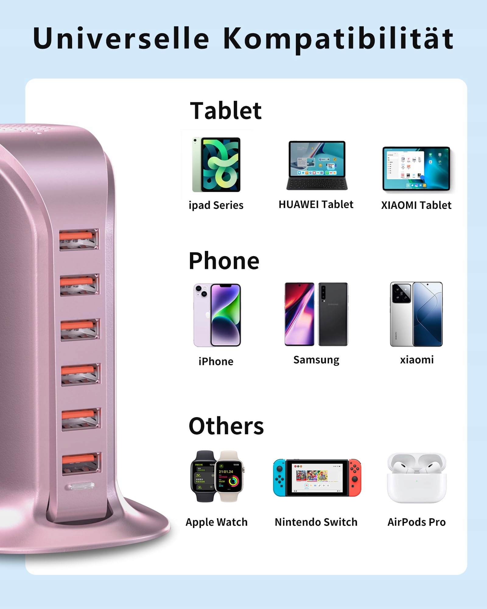 POANES 6-Port USB Ładowarka 50W for iPhone Android Samsung Tablet Różowa — miniatura 3