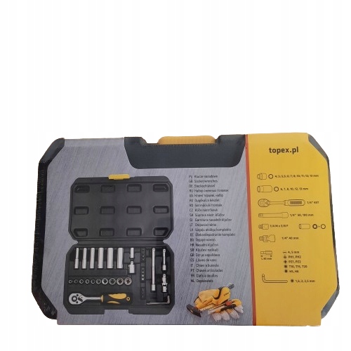 KLUCZE NASADOWE ZESTAW Z WALIZKĄ 1/4" 36 szt. TOPEX 38D669 Waga produktu z opakowaniem jednostkowym 1.18 kg