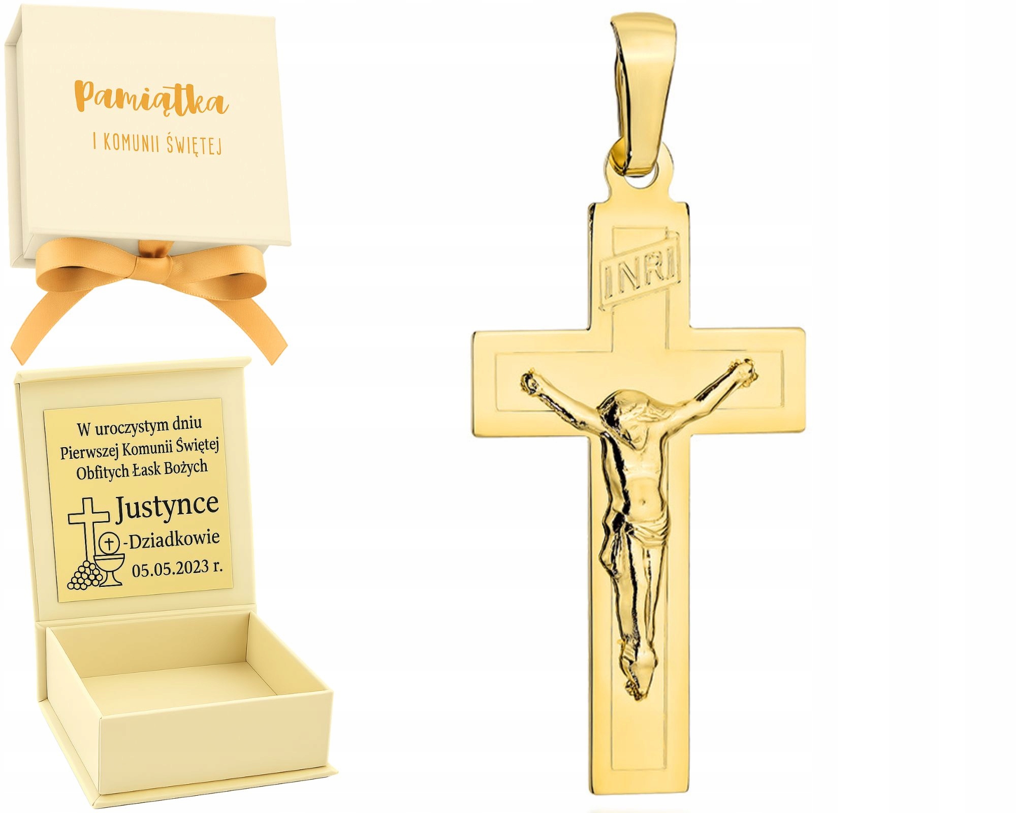 Zlatý lesklý křížek s obroučkou s ukřižovaným Ježíšem Zlato 585 14k
