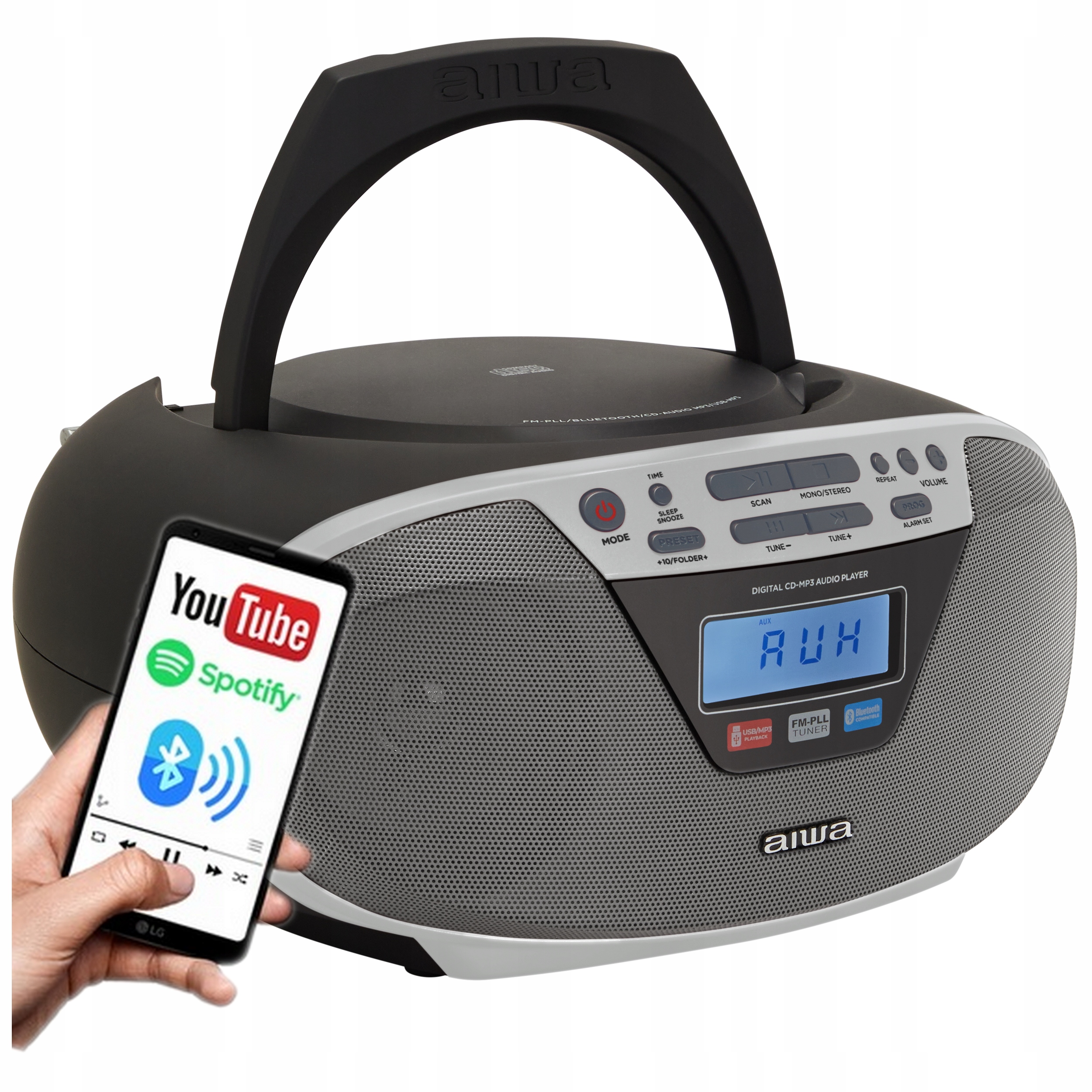 Radio Boombox Bluetooth CD Fm Usb Aiwa BBTU-400SL LCD Zegar Sleep