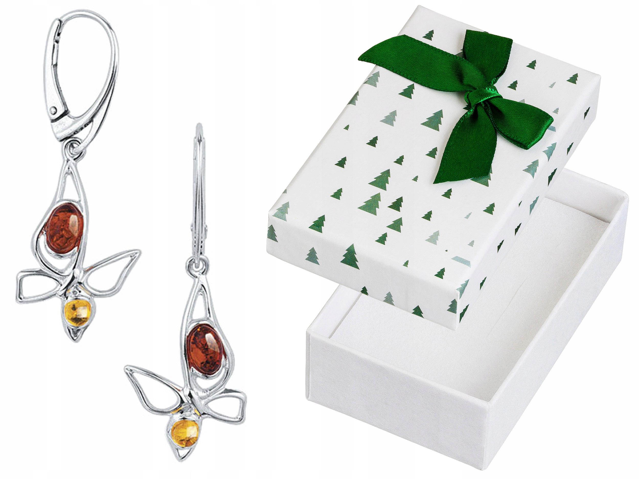 Stříbrné Náušnice Závěsné motýlky s jantarem Anglické zapínání Motýli